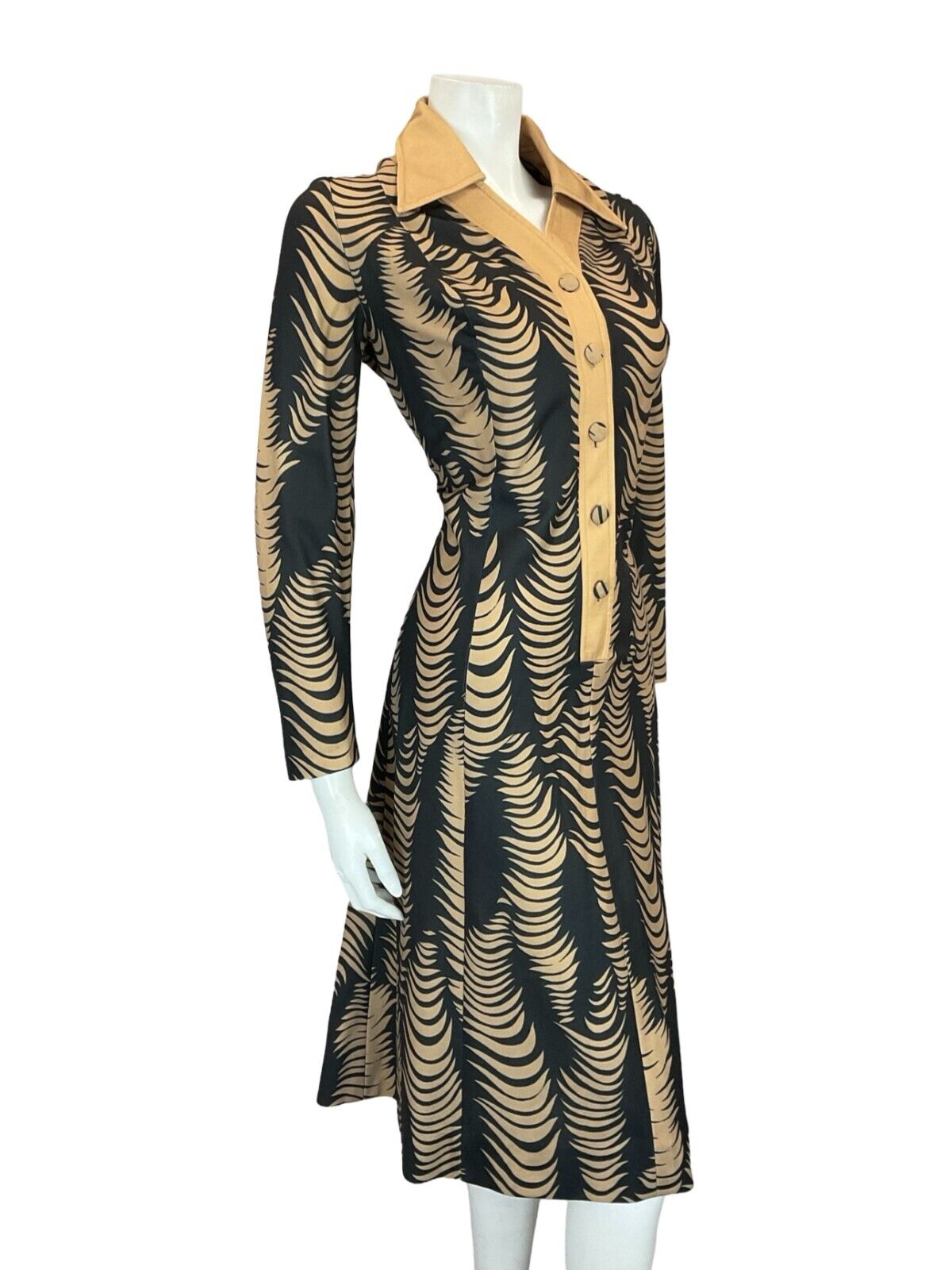 VTG 70S BEIGE BLACK PSYCHEDELIC ABSTRACT WAVY STRIPE WING COLLAR SHIRT DRESS 16