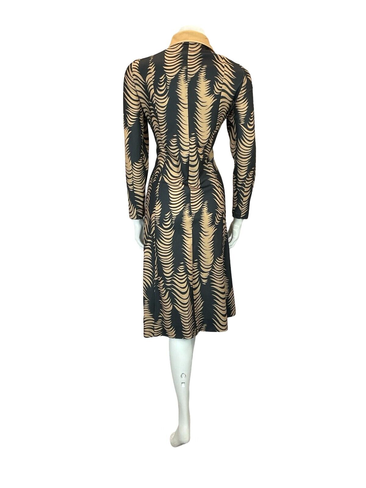 VTG 70S BEIGE BLACK PSYCHEDELIC ABSTRACT WAVY STRIPE WING COLLAR SHIRT DRESS 16