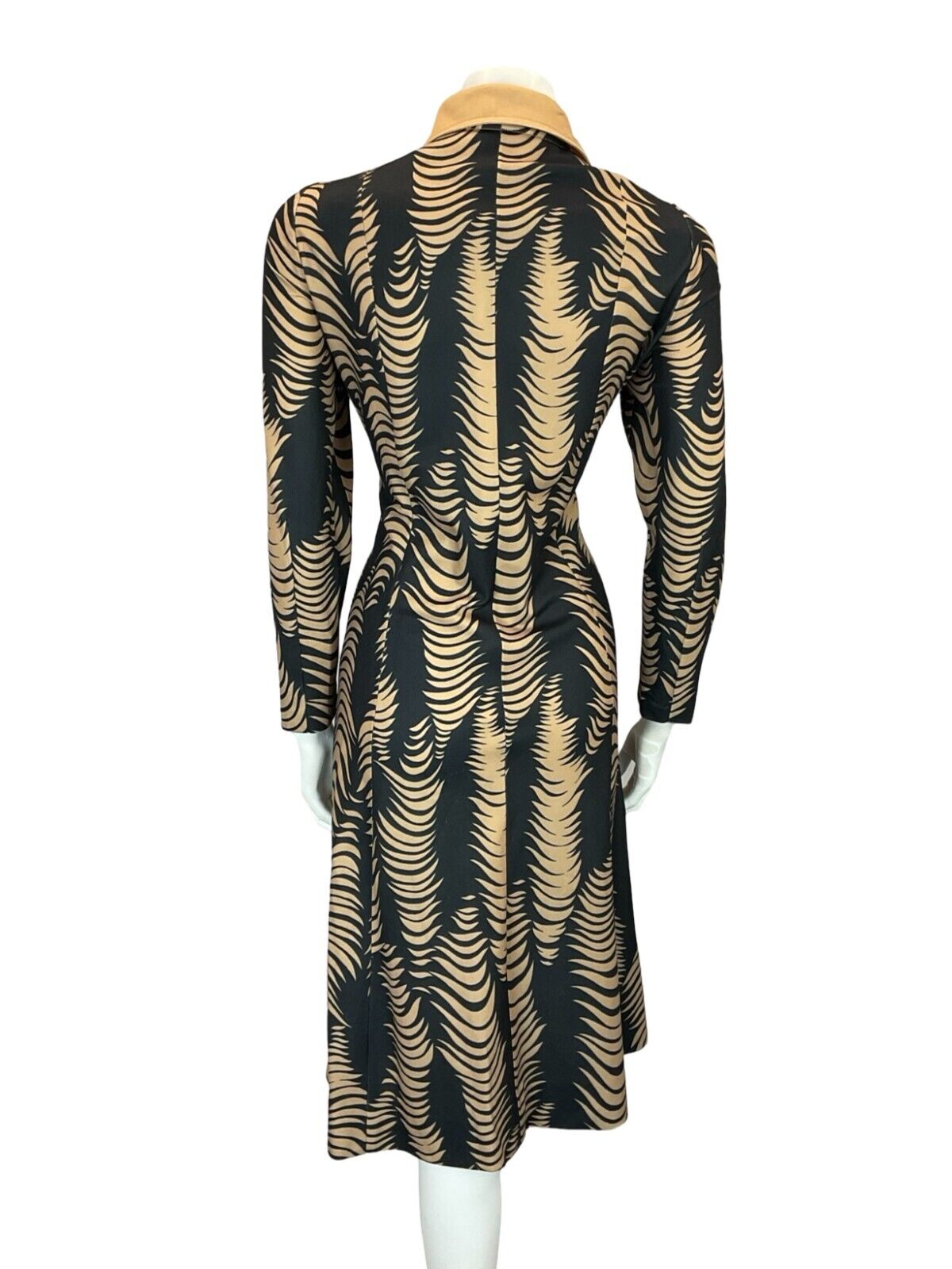 VTG 70S BEIGE BLACK PSYCHEDELIC ABSTRACT WAVY STRIPE WING COLLAR SHIRT DRESS 16