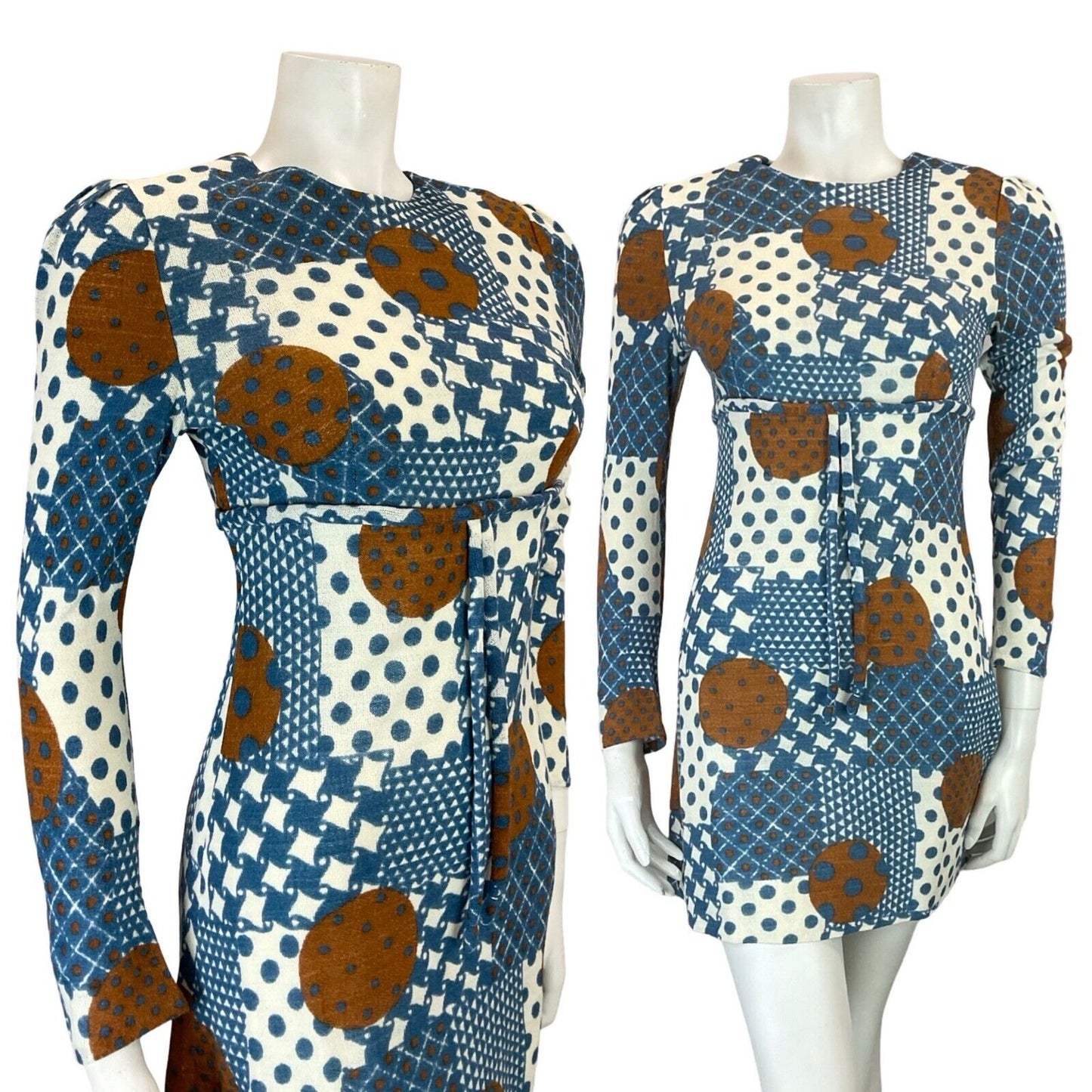 VTG 60S EMPIRE MOD GOGO BLUE BROWN WHITE GEOMETRIC SPOTTY DOT TIE MINI DRESS 4