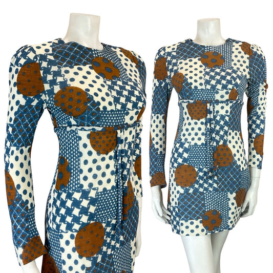 VTG 60S EMPIRE MOD GOGO BLUE BROWN WHITE GEOMETRIC SPOTTY DOT TIE MINI DRESS 4