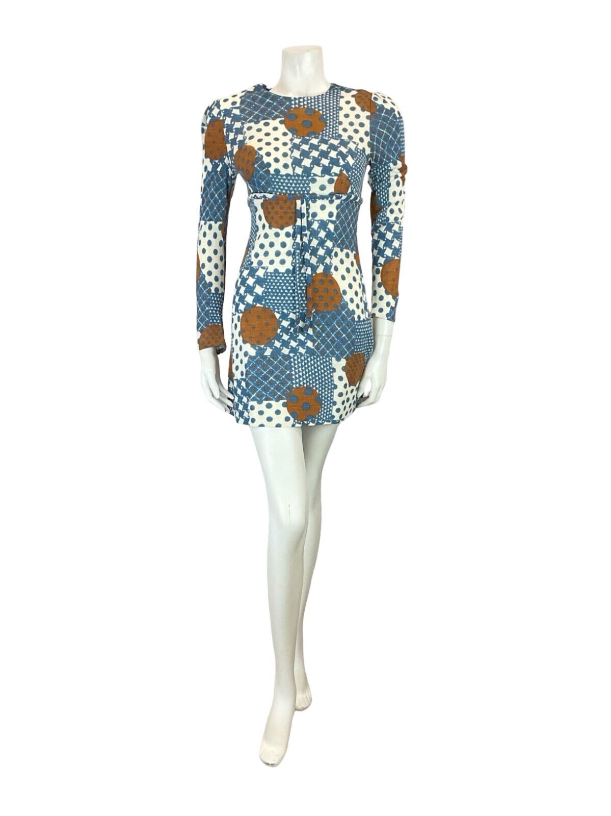 VTG 60S EMPIRE MOD GOGO BLUE BROWN WHITE GEOMETRIC SPOTTY DOT TIE MINI DRESS 4
