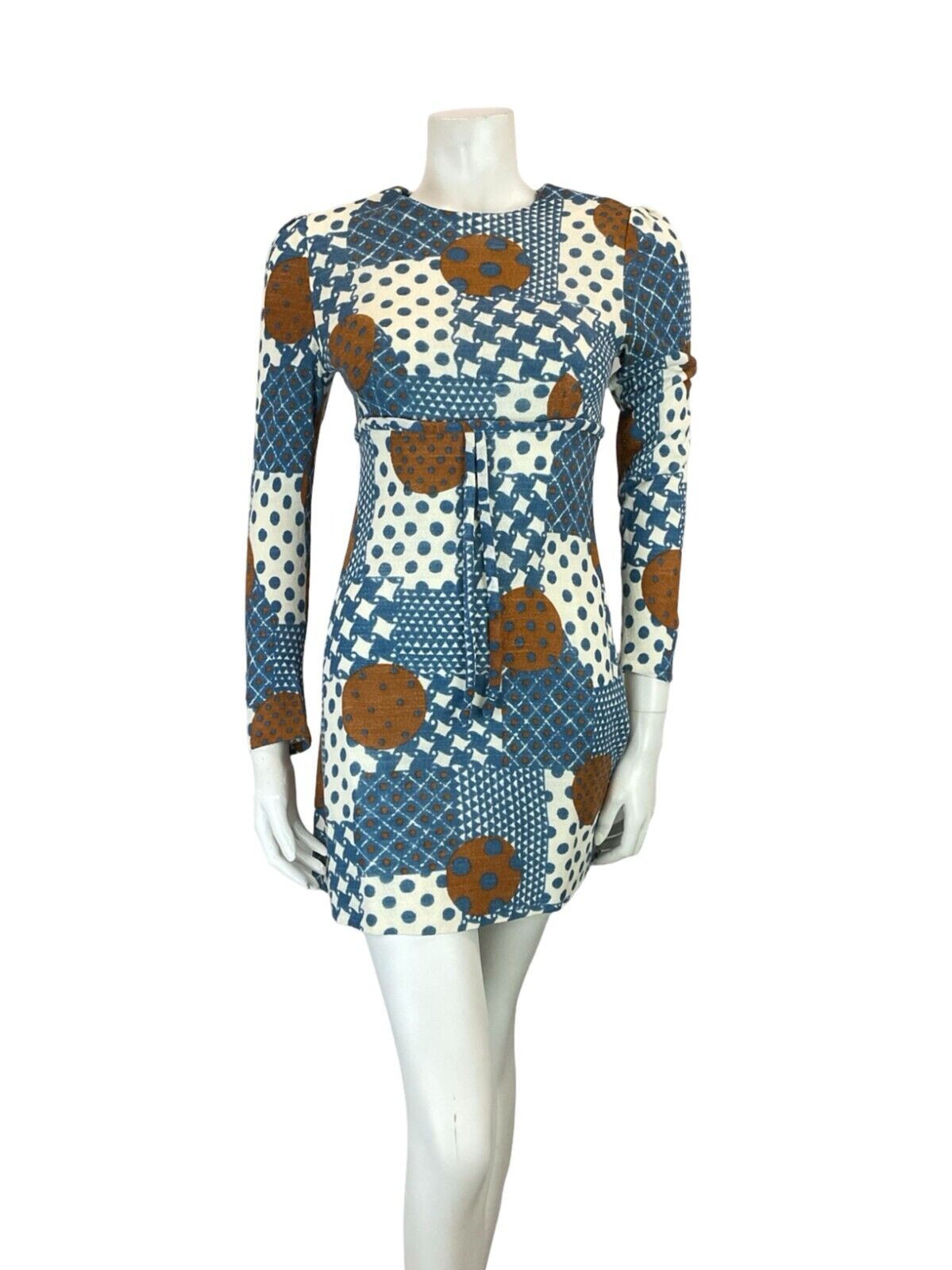 VTG 60S EMPIRE MOD GOGO BLUE BROWN WHITE GEOMETRIC SPOTTY DOT TIE MINI DRESS 4