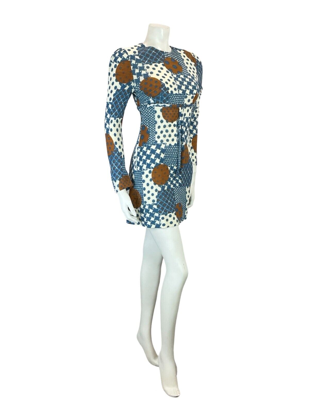 VTG 60S EMPIRE MOD GOGO BLUE BROWN WHITE GEOMETRIC SPOTTY DOT TIE MINI DRESS 4