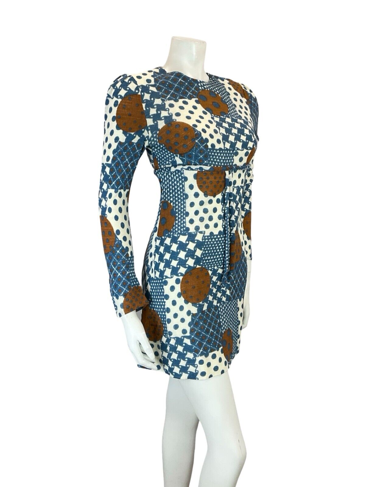 VTG 60S EMPIRE MOD GOGO BLUE BROWN WHITE GEOMETRIC SPOTTY DOT TIE MINI DRESS 4