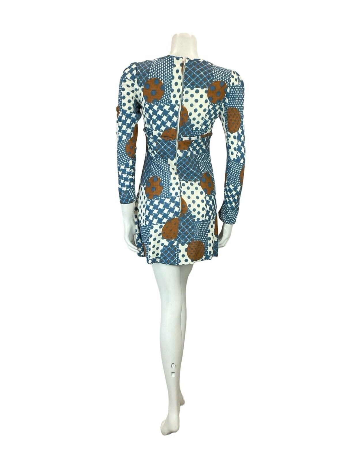 VTG 60S EMPIRE MOD GOGO BLUE BROWN WHITE GEOMETRIC SPOTTY DOT TIE MINI DRESS 4