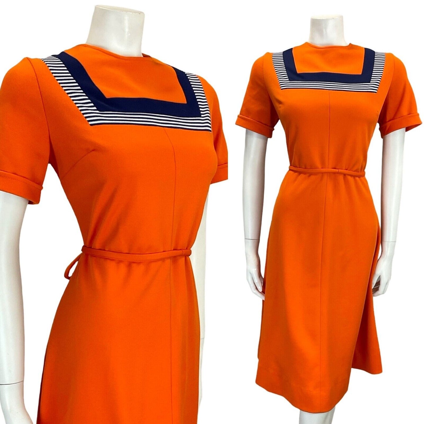 VTG 60S ORANGE NAVY BLUE WHITE STRIPED MOD GOGO TIE WAIST MIDI DRESS 12