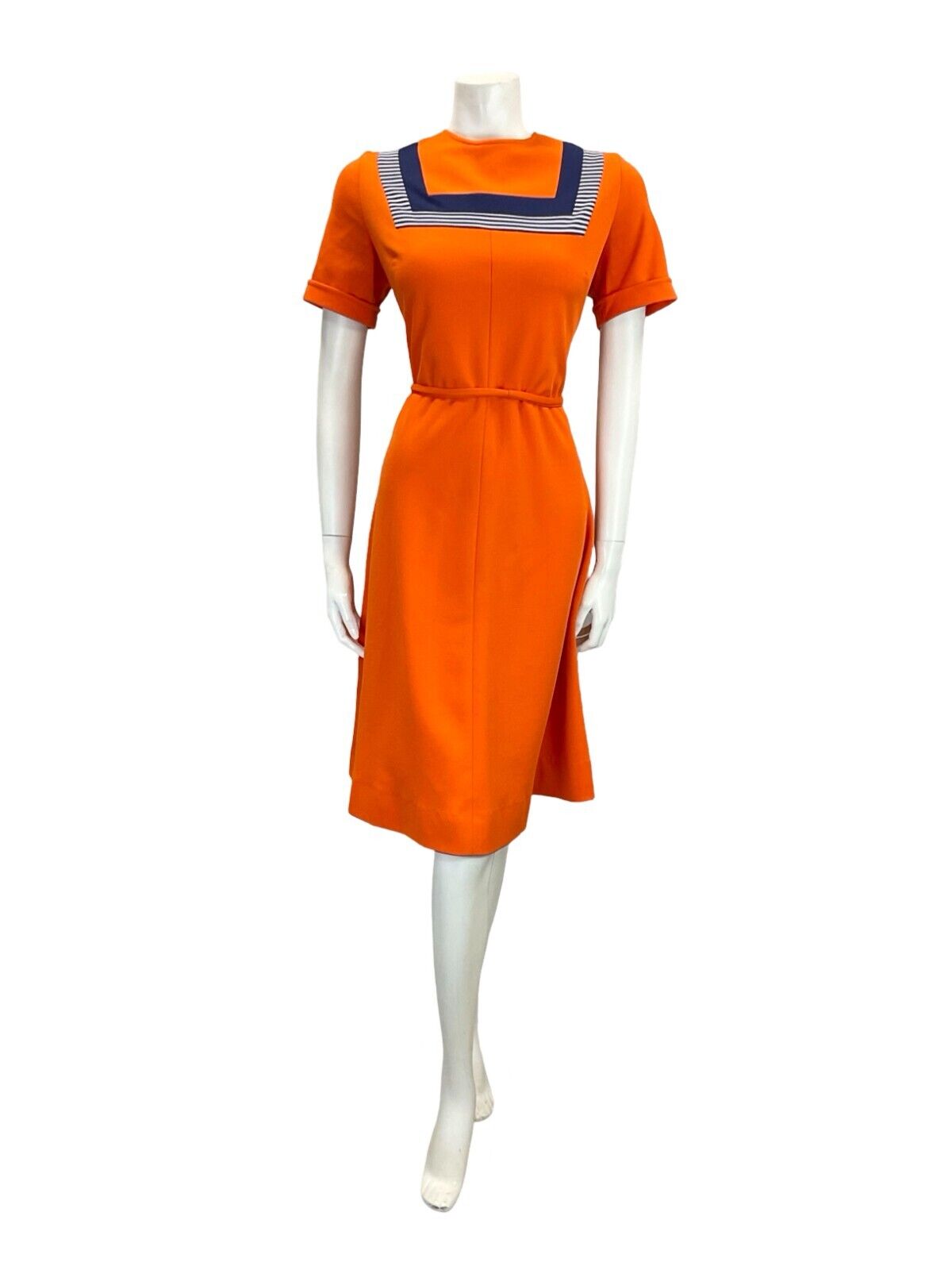 VTG 60S ORANGE NAVY BLUE WHITE STRIPED MOD GOGO TIE WAIST MIDI DRESS 12