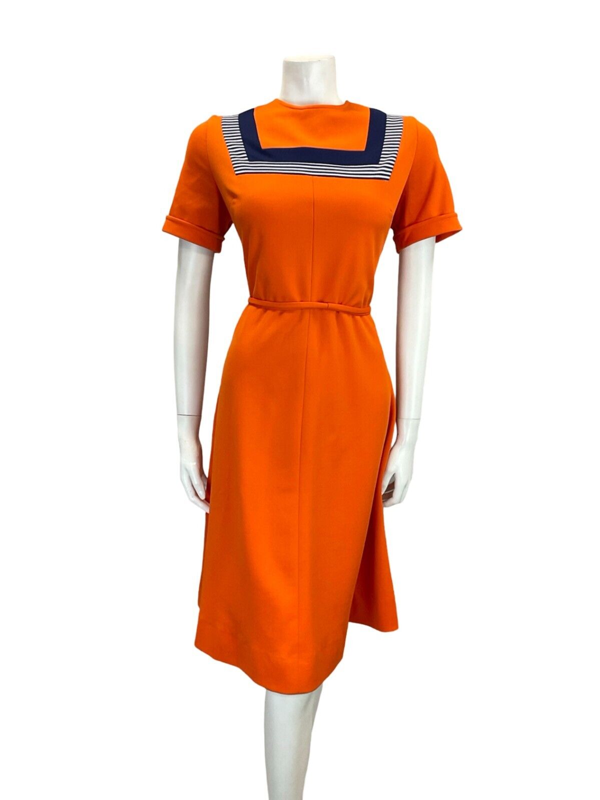 VTG 60S ORANGE NAVY BLUE WHITE STRIPED MOD GOGO TIE WAIST MIDI DRESS 12