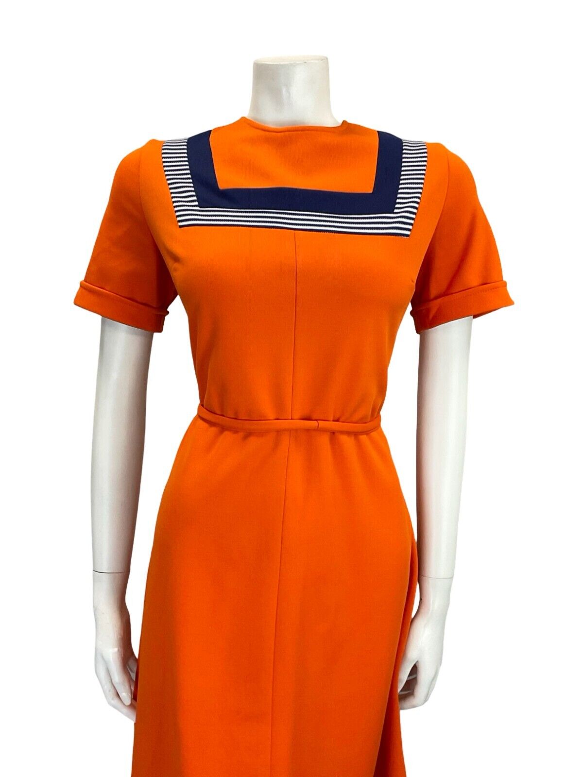 VTG 60S ORANGE NAVY BLUE WHITE STRIPED MOD GOGO TIE WAIST MIDI DRESS 12