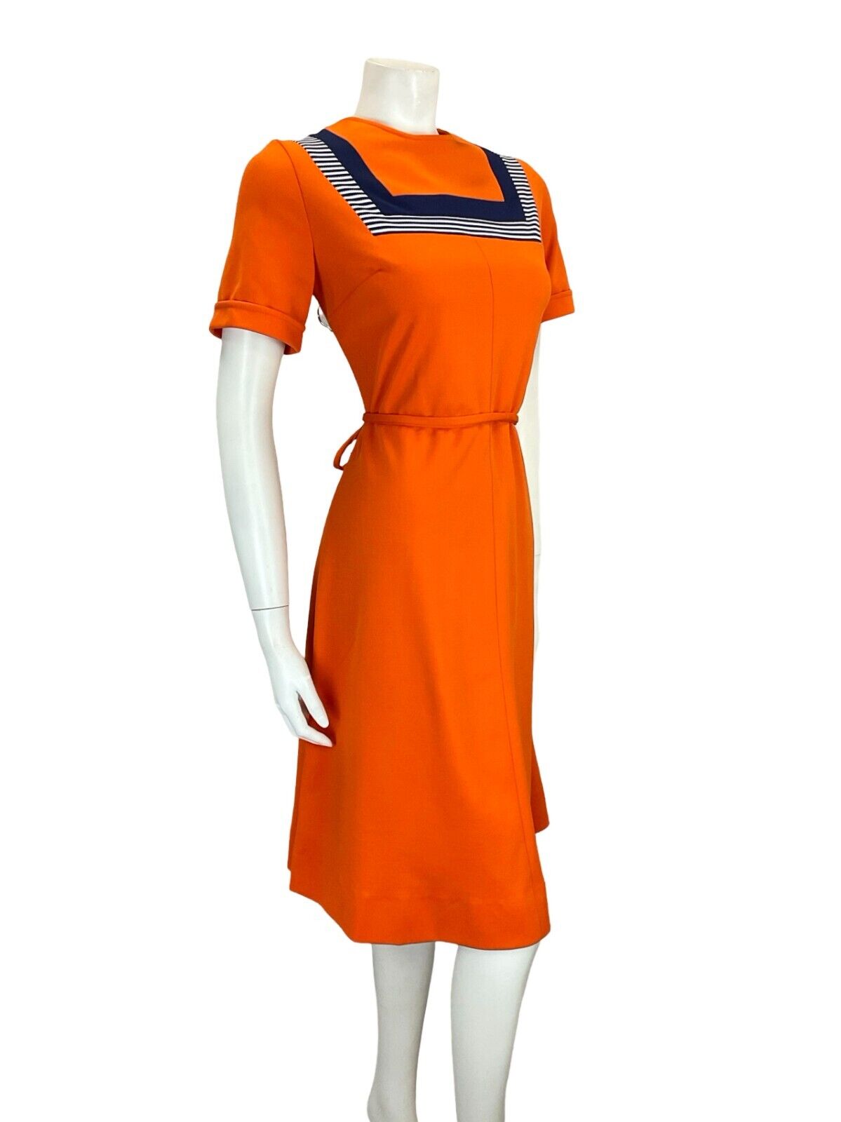 VTG 60S ORANGE NAVY BLUE WHITE STRIPED MOD GOGO TIE WAIST MIDI DRESS 12