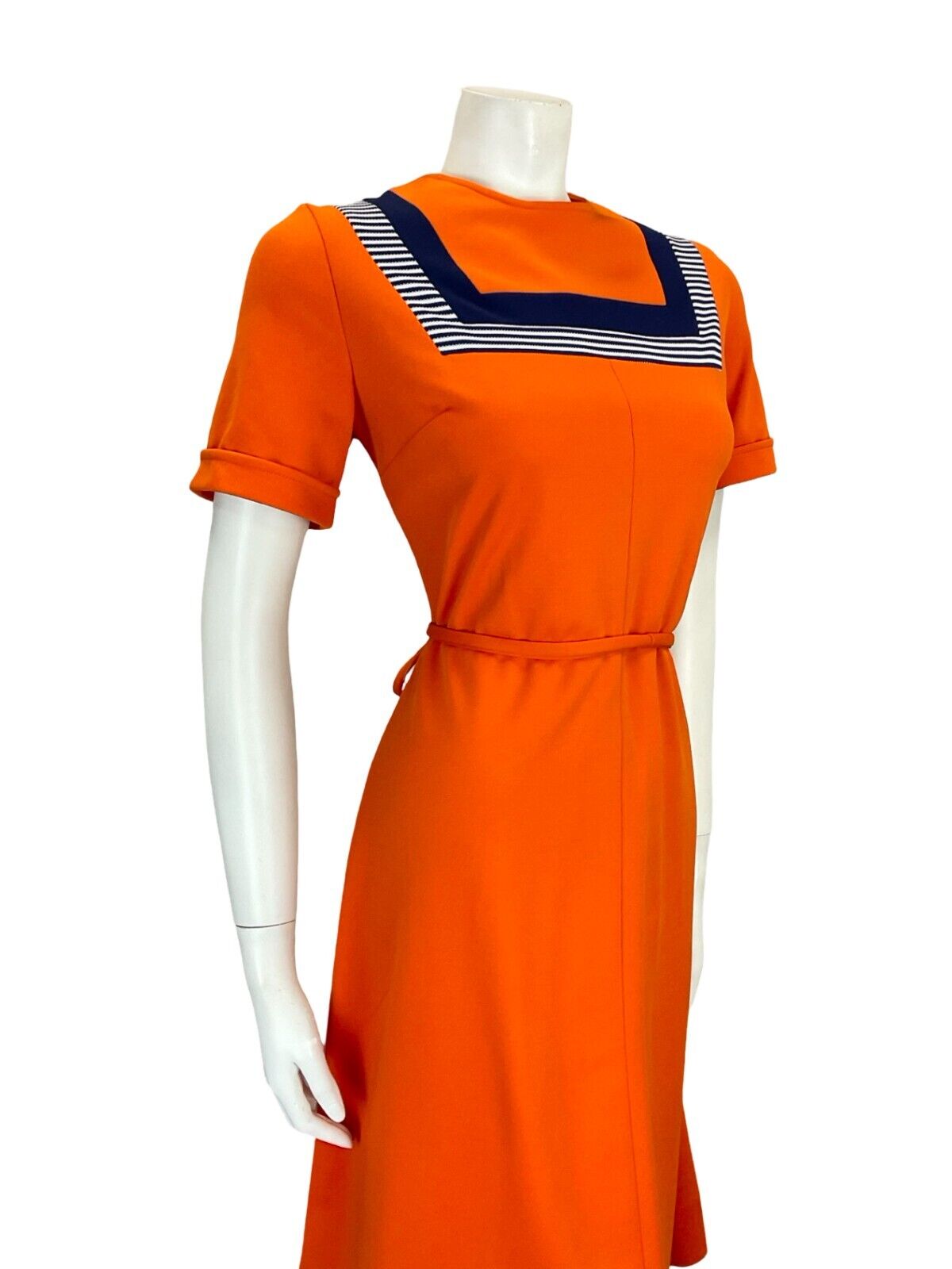 VTG 60S ORANGE NAVY BLUE WHITE STRIPED MOD GOGO TIE WAIST MIDI DRESS 12