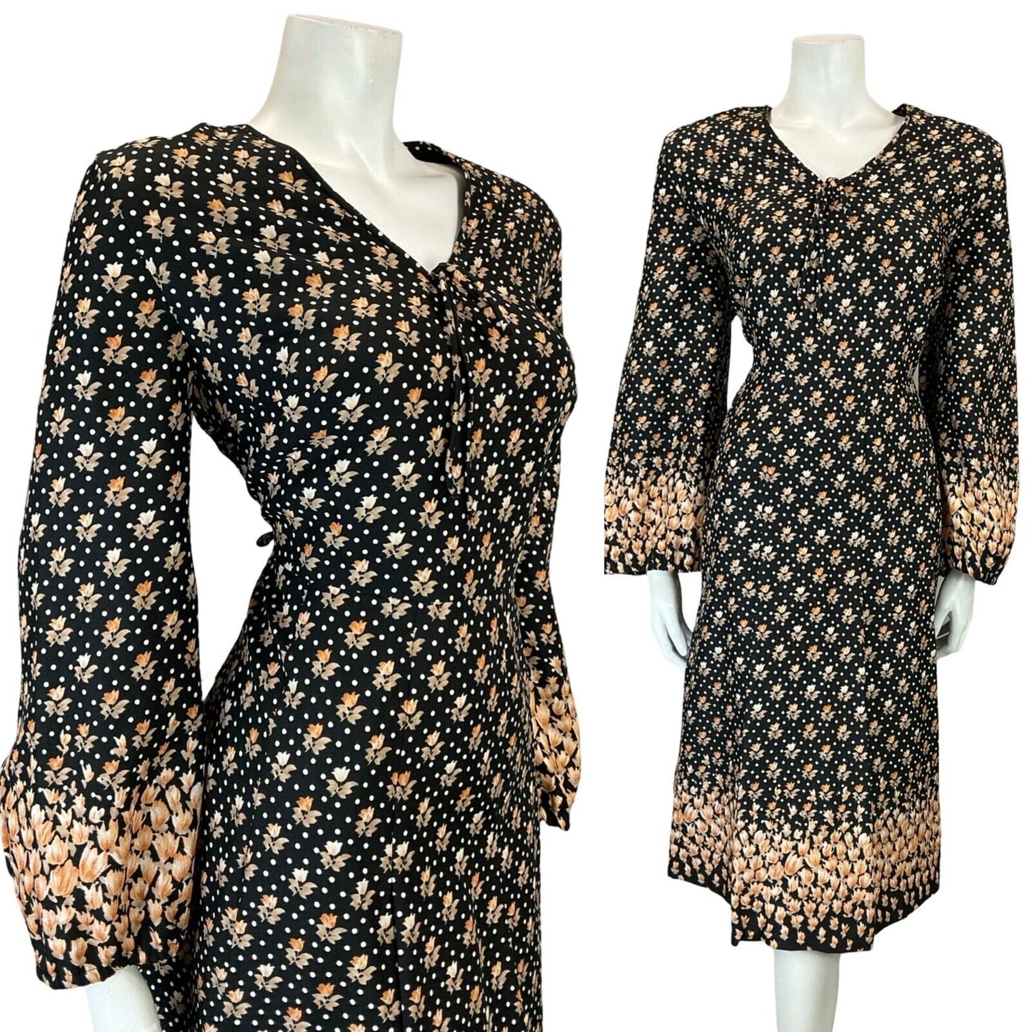 VTG 60S 70S BLACK ORANGE FLORAL BOHO V NECK TIE BELL SLEEVE SMOCK DRESS 14 16
