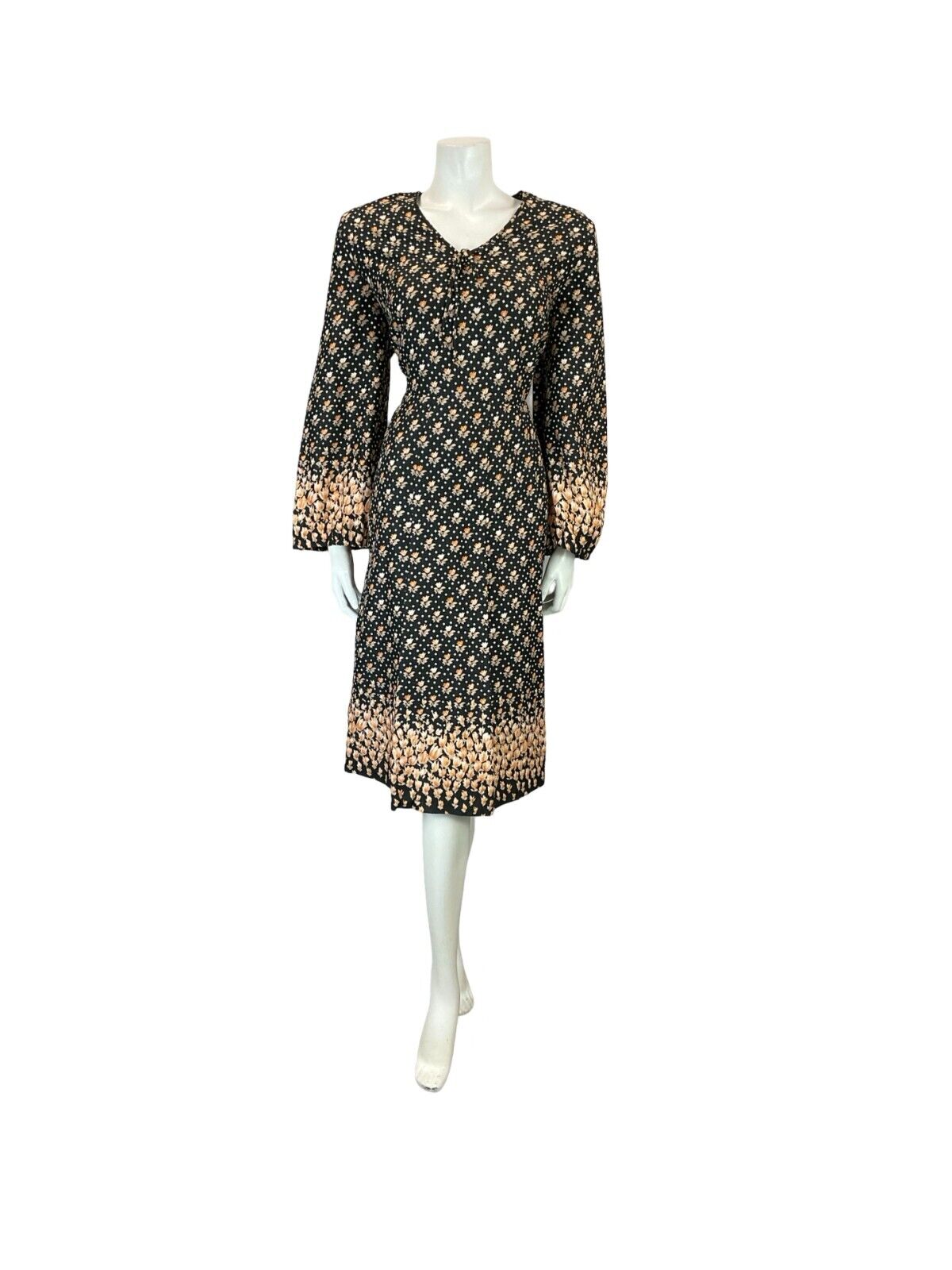 VTG 60S 70S BLACK ORANGE FLORAL BOHO V NECK TIE BELL SLEEVE SMOCK DRESS 14 16