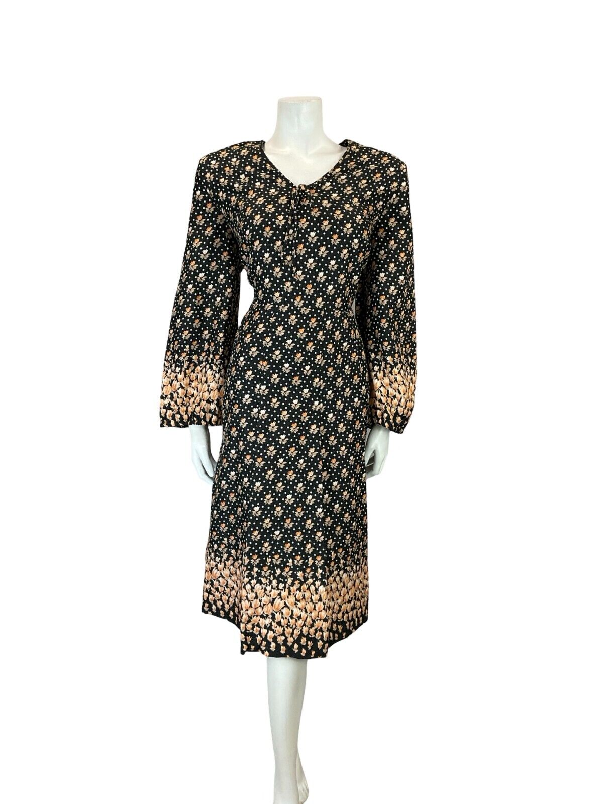 VTG 60S 70S BLACK ORANGE FLORAL BOHO V NECK TIE BELL SLEEVE SMOCK DRESS 14 16