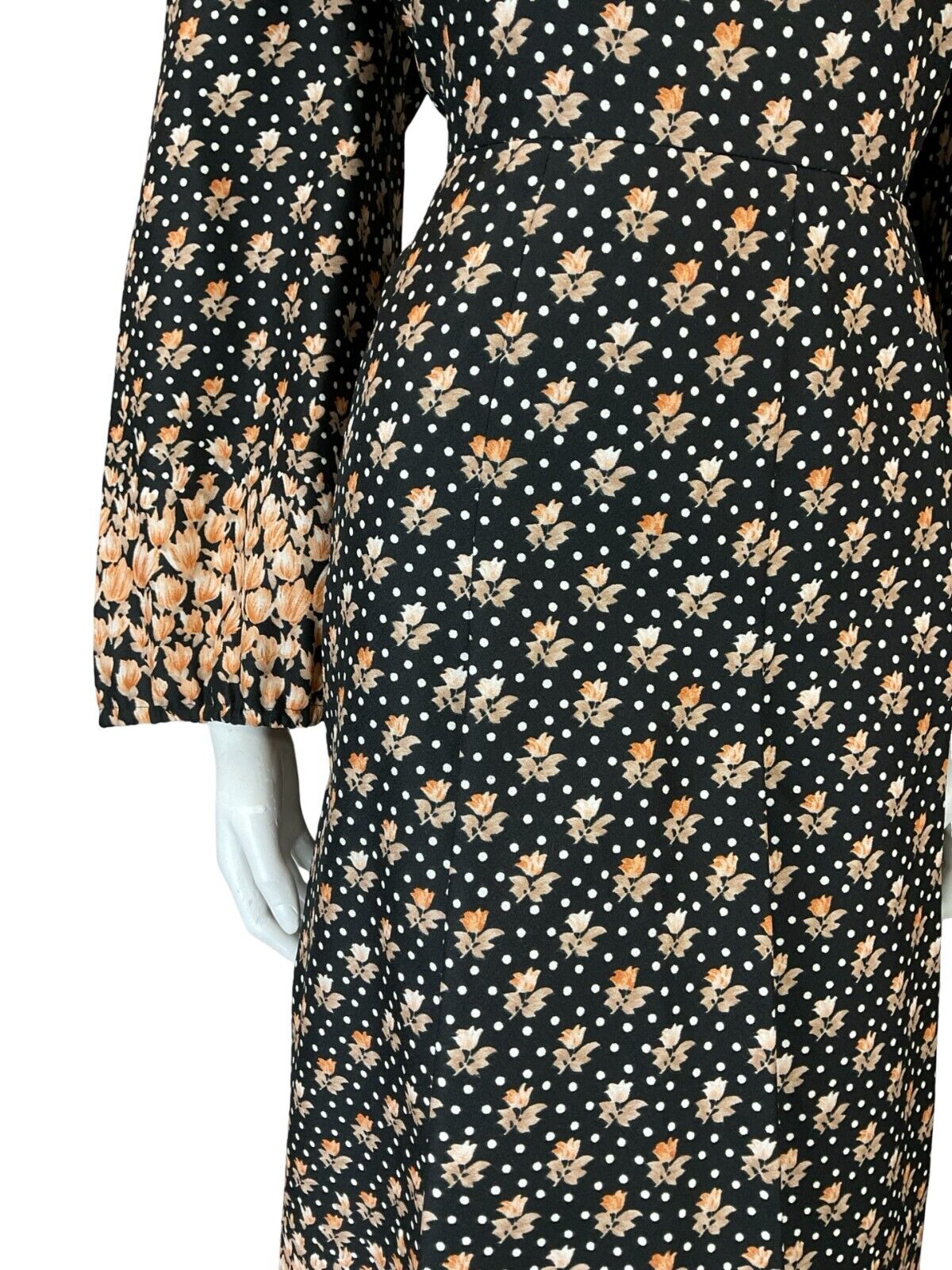 VTG 60S 70S BLACK ORANGE FLORAL BOHO V NECK TIE BELL SLEEVE SMOCK DRESS 14 16