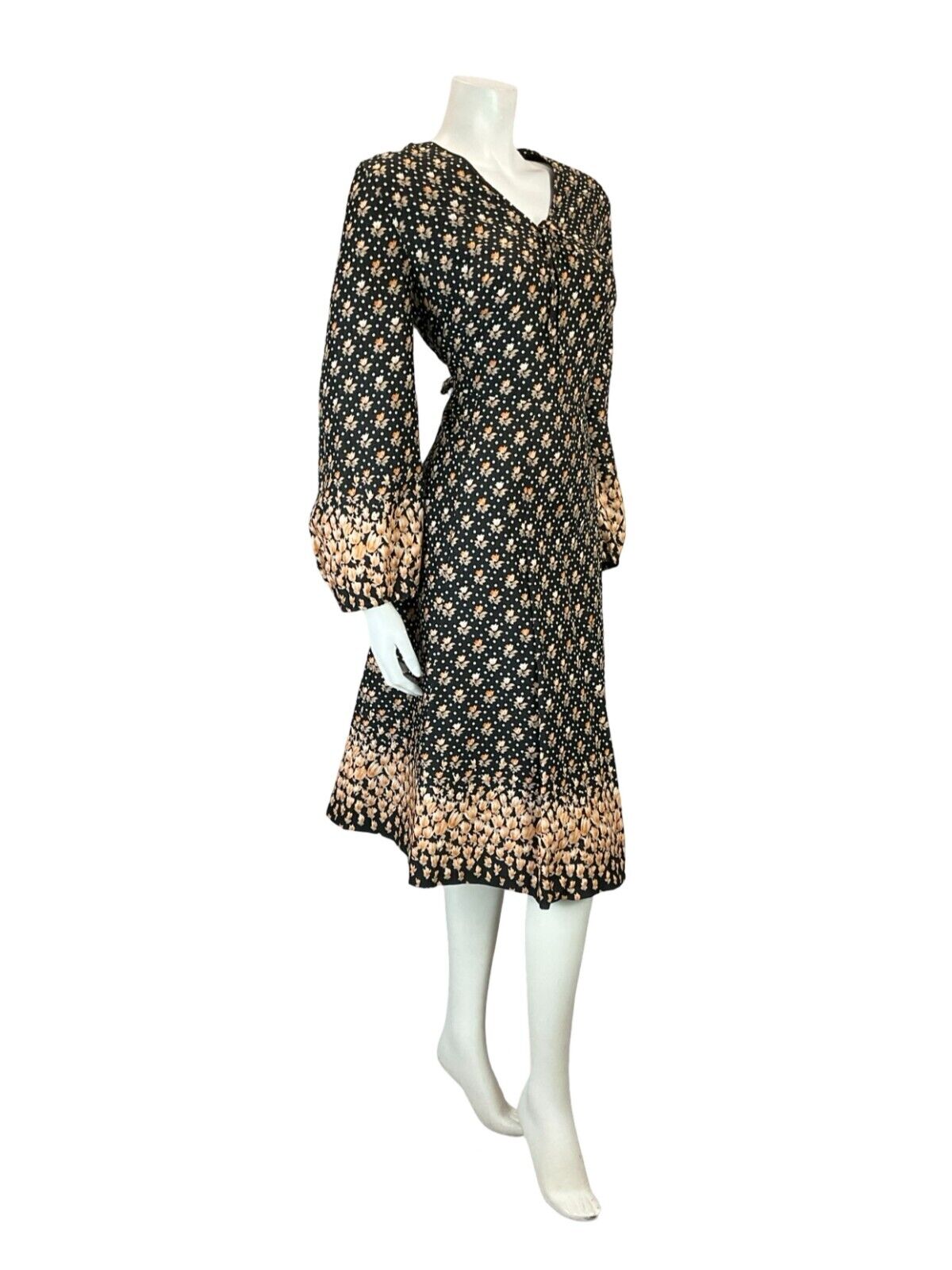 VTG 60S 70S BLACK ORANGE FLORAL BOHO V NECK TIE BELL SLEEVE SMOCK DRESS 14 16