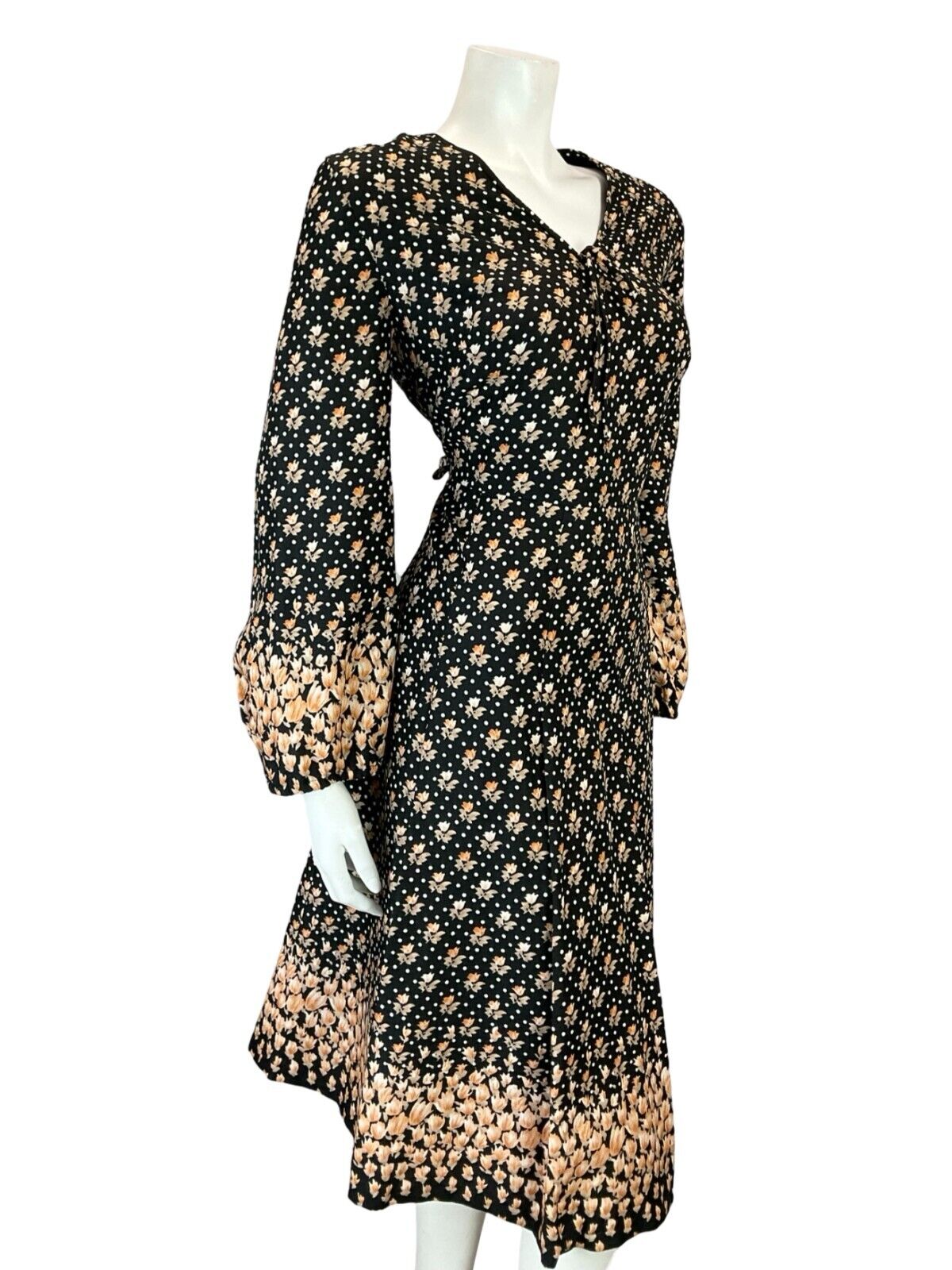 VTG 60S 70S BLACK ORANGE FLORAL BOHO V NECK TIE BELL SLEEVE SMOCK DRESS 14 16