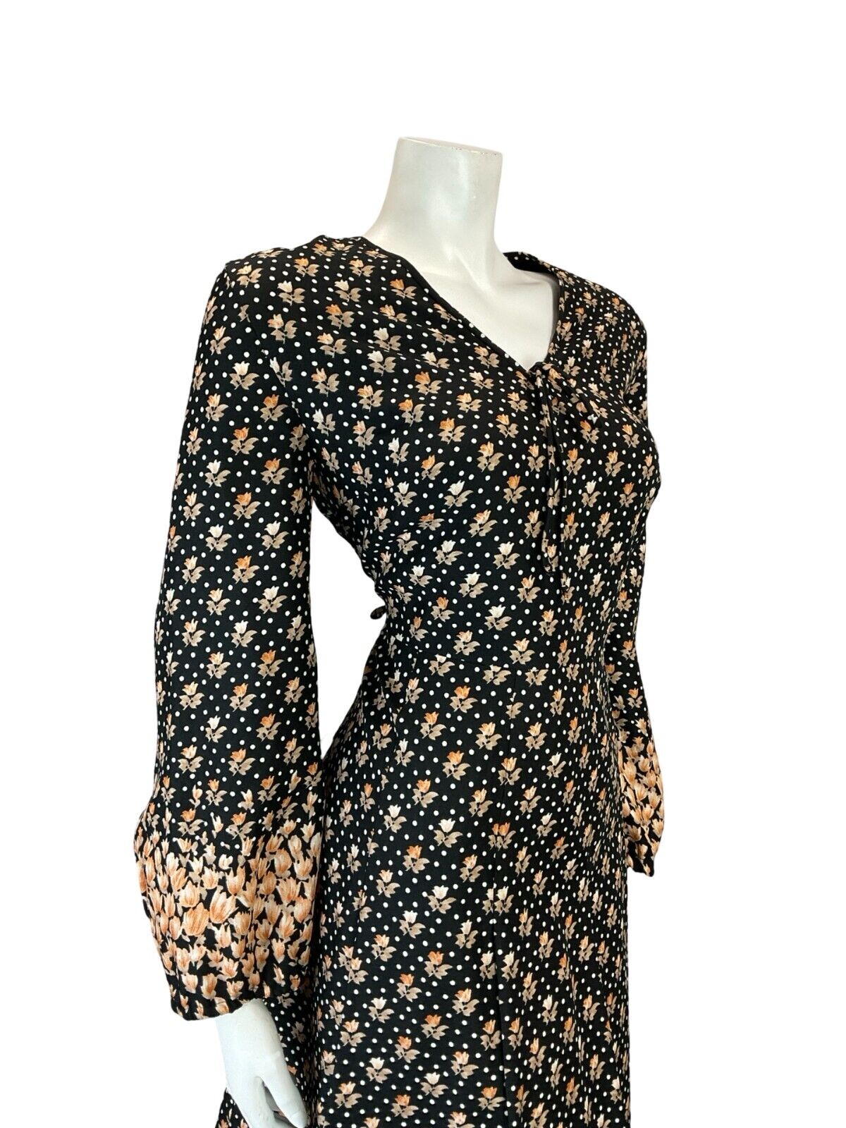VTG 60S 70S BLACK ORANGE FLORAL BOHO V NECK TIE BELL SLEEVE SMOCK DRESS 14 16