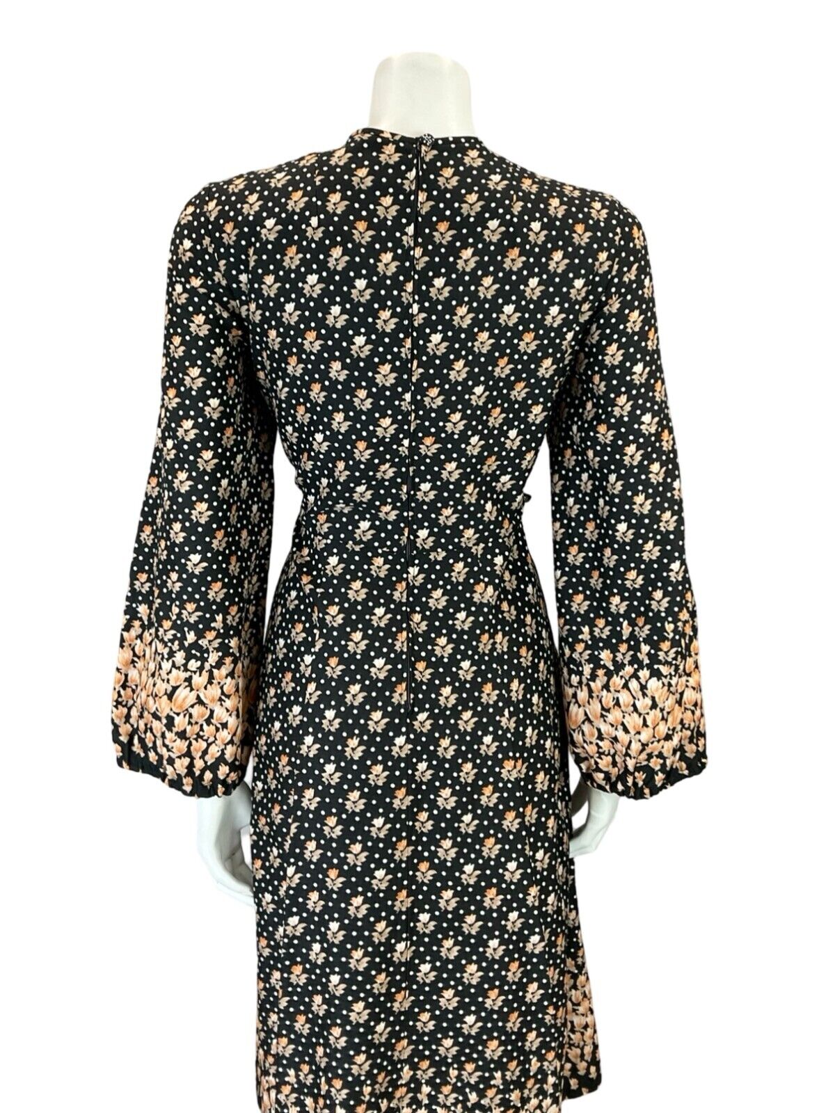 VTG 60S 70S BLACK ORANGE FLORAL BOHO V NECK TIE BELL SLEEVE SMOCK DRESS 14 16