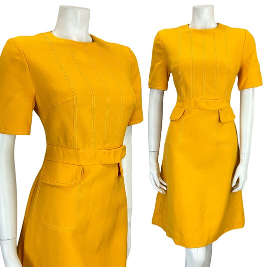 VTG 60S MOD GOGO MUSTARD YELLOW STITCHING ILLUSION BELT & POCKETS MINI DRESS 10