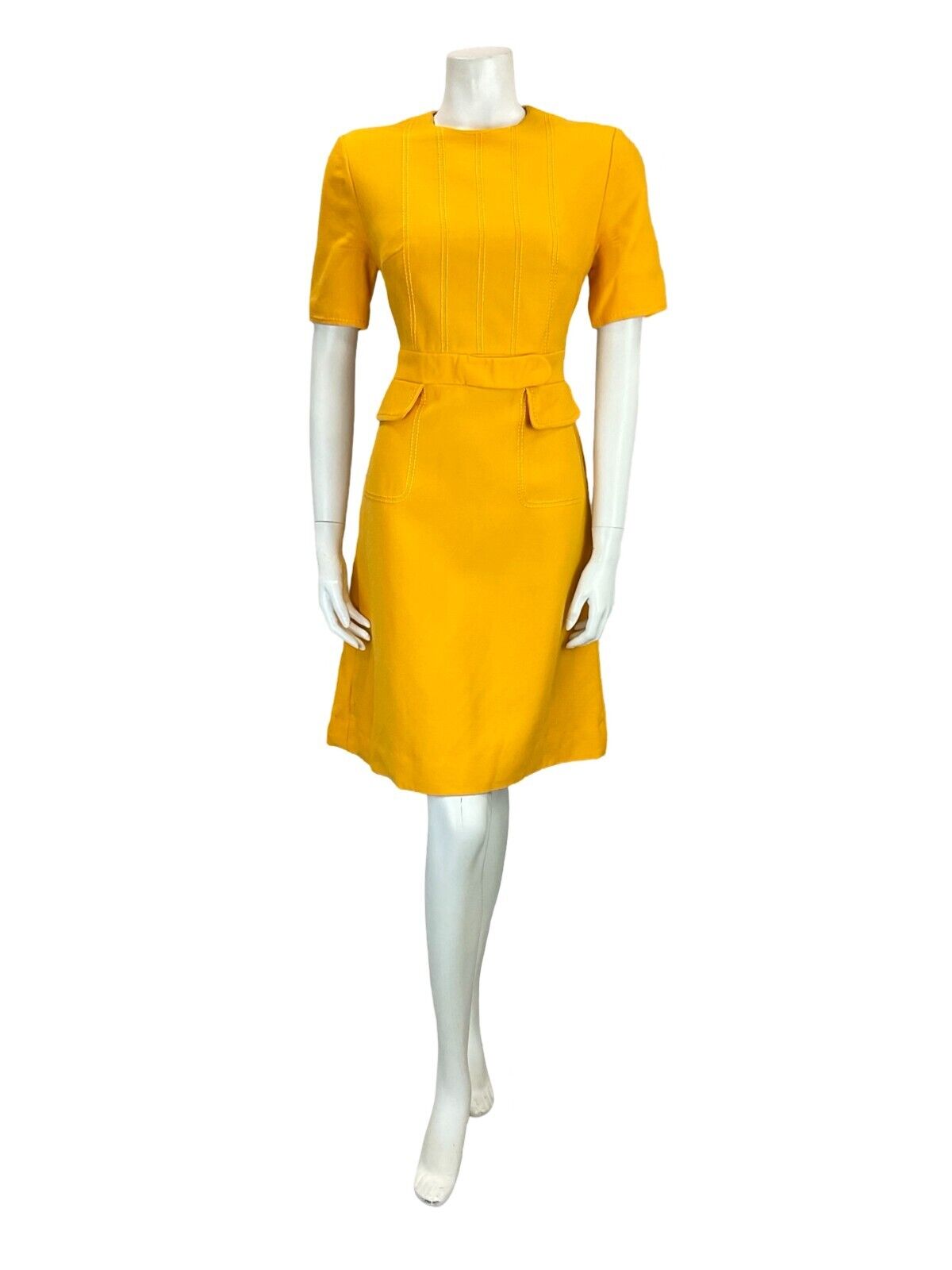 VTG 60S MOD GOGO MUSTARD YELLOW STITCHING ILLUSION BELT & POCKETS MINI DRESS 10