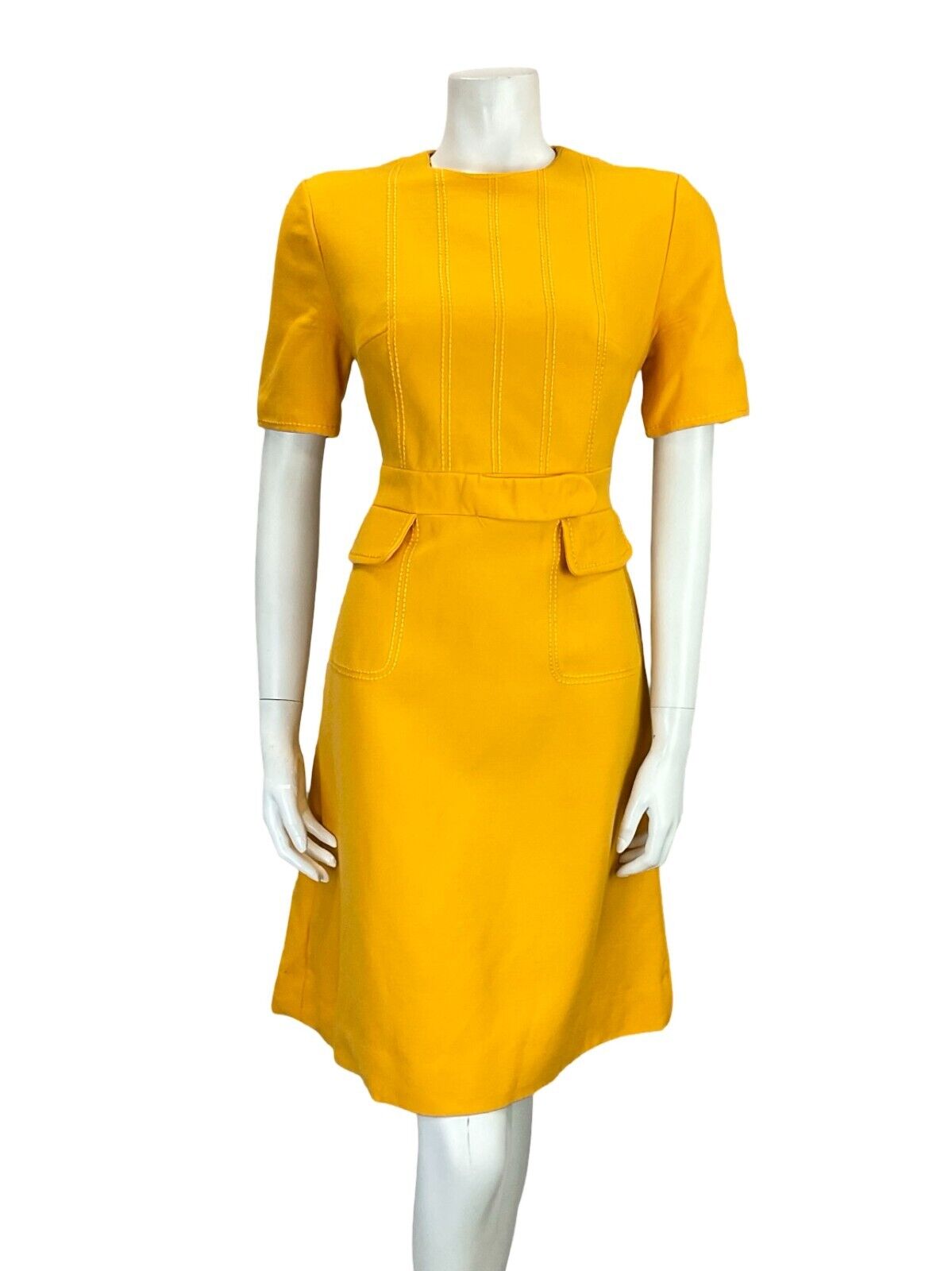 VTG 60S MOD GOGO MUSTARD YELLOW STITCHING ILLUSION BELT & POCKETS MINI DRESS 10