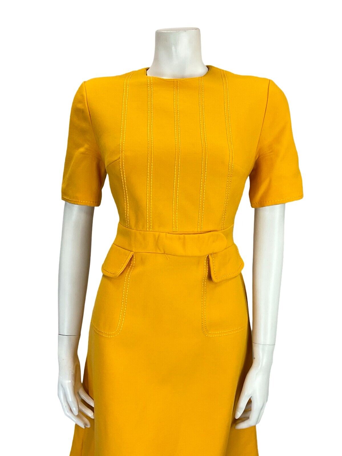 VTG 60S MOD GOGO MUSTARD YELLOW STITCHING ILLUSION BELT & POCKETS MINI DRESS 10