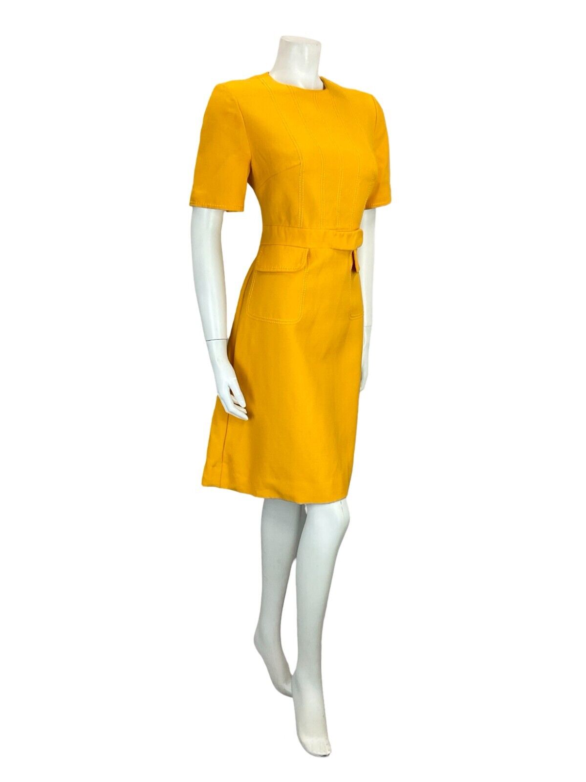 VTG 60S MOD GOGO MUSTARD YELLOW STITCHING ILLUSION BELT & POCKETS MINI DRESS 10