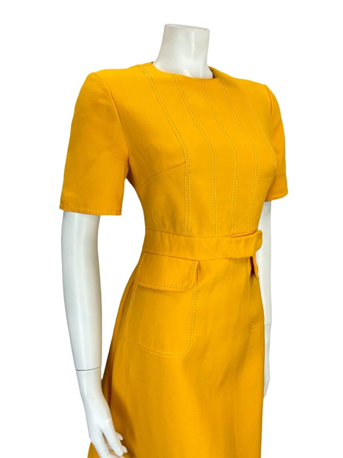 VTG 60S MOD GOGO MUSTARD YELLOW STITCHING ILLUSION BELT & POCKETS MINI DRESS 10