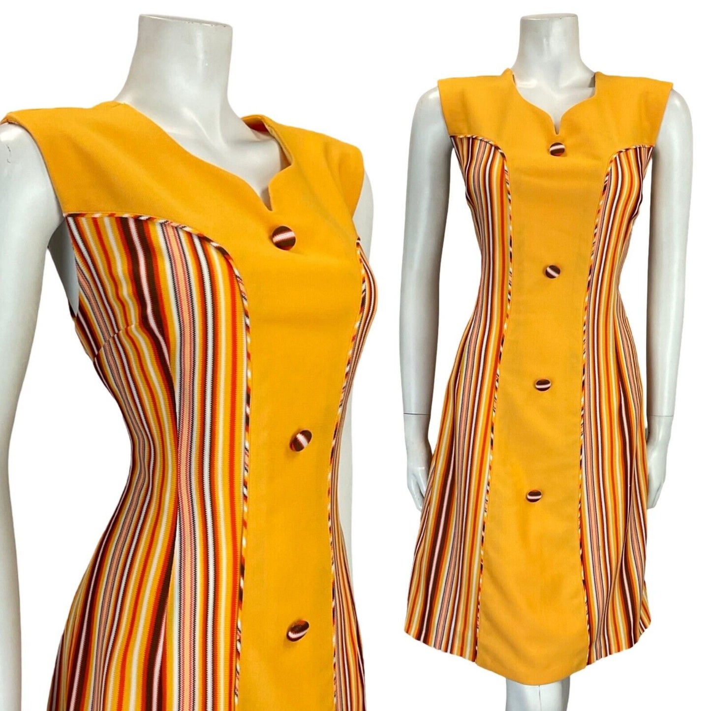 VTG 60S MOD GOGO YELLOW ORANGE BROWN WHITE SWEETHEART STRIPED SHIFT DRESS 14 16