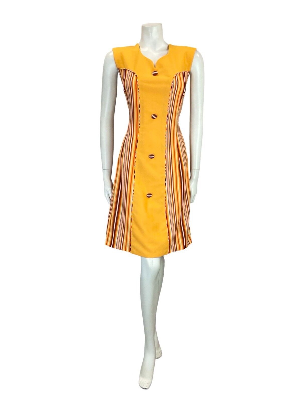 VTG 60S MOD GOGO YELLOW ORANGE BROWN WHITE SWEETHEART STRIPED SHIFT DRESS 14 16