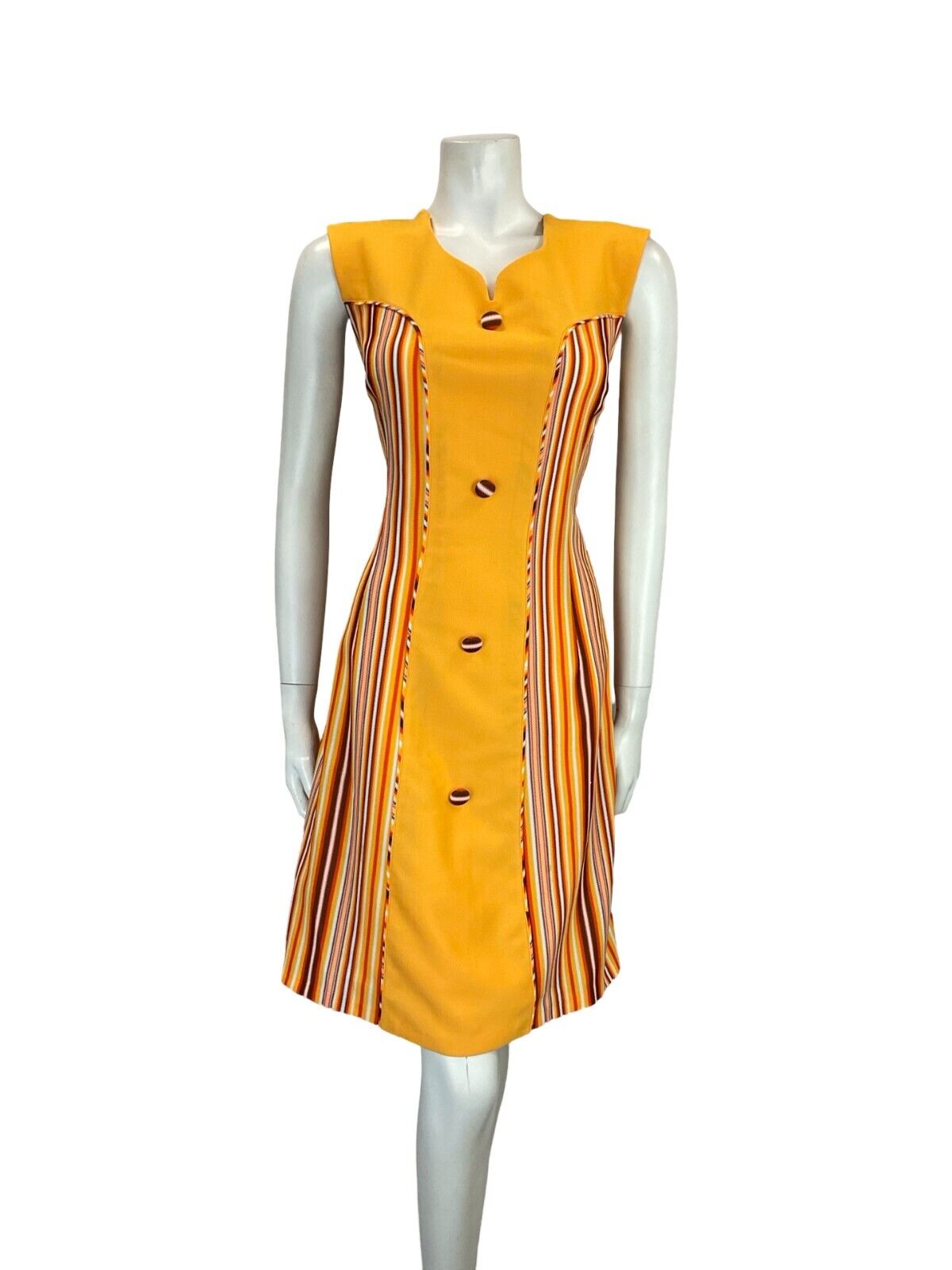 VTG 60S MOD GOGO YELLOW ORANGE BROWN WHITE SWEETHEART STRIPED SHIFT DRESS 14 16