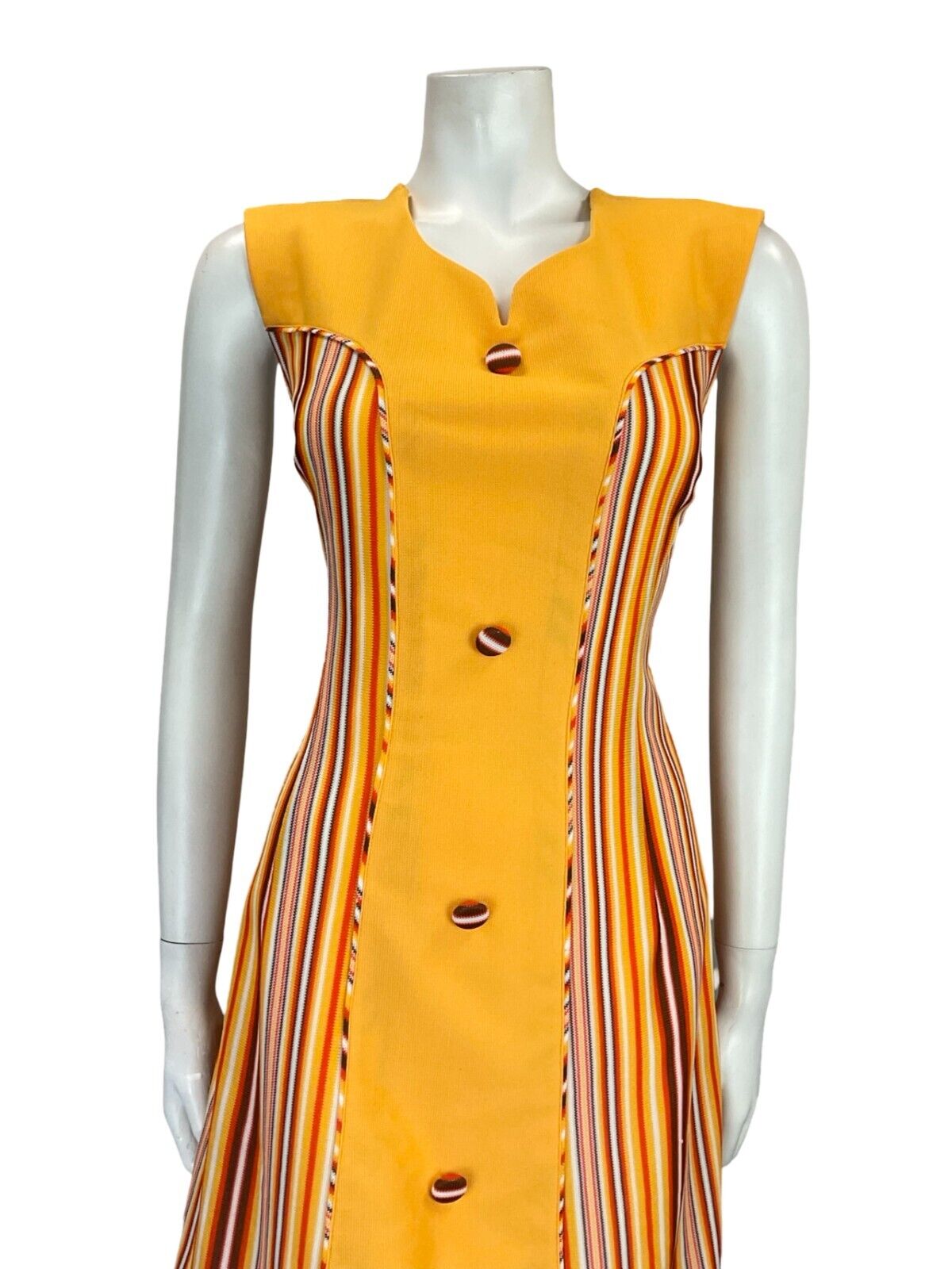 VTG 60S MOD GOGO YELLOW ORANGE BROWN WHITE SWEETHEART STRIPED SHIFT DRESS 14 16