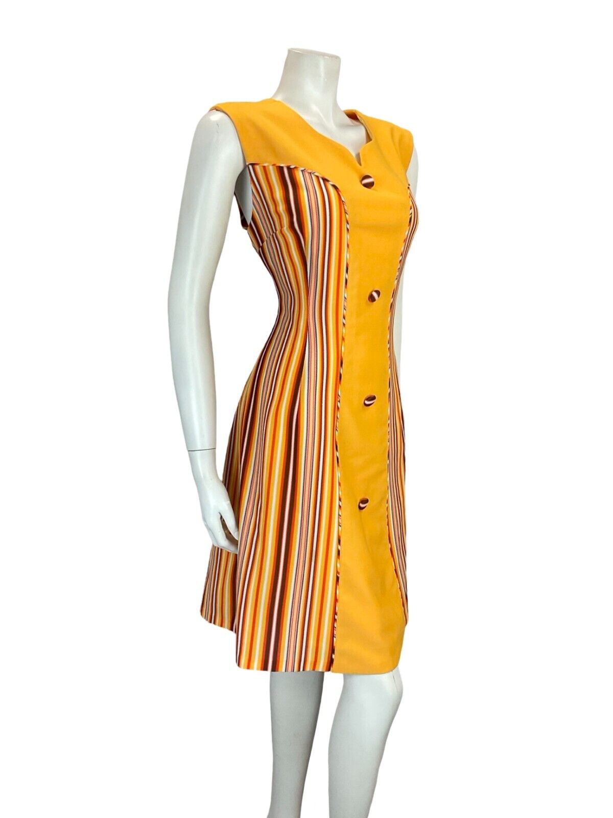 VTG 60S MOD GOGO YELLOW ORANGE BROWN WHITE SWEETHEART STRIPED SHIFT DRESS 14 16