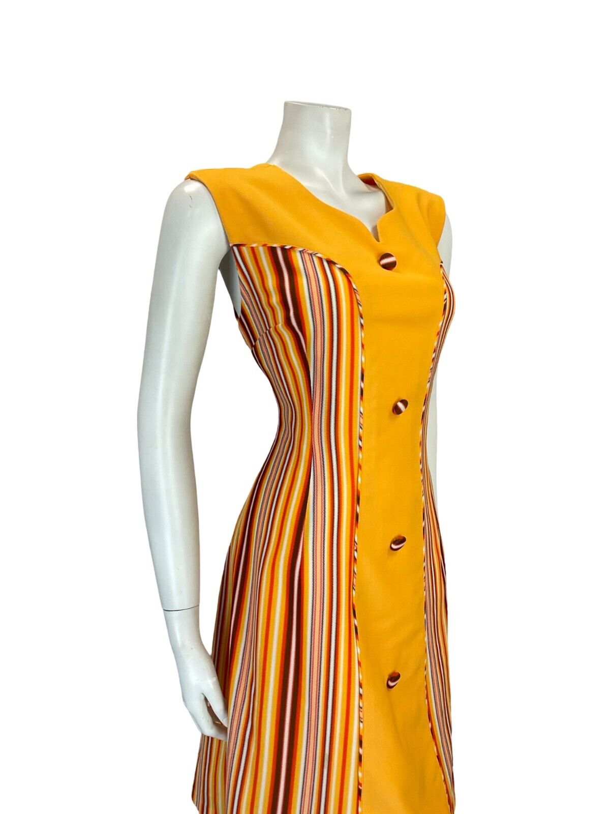 VTG 60S MOD GOGO YELLOW ORANGE BROWN WHITE SWEETHEART STRIPED SHIFT DRESS 14 16