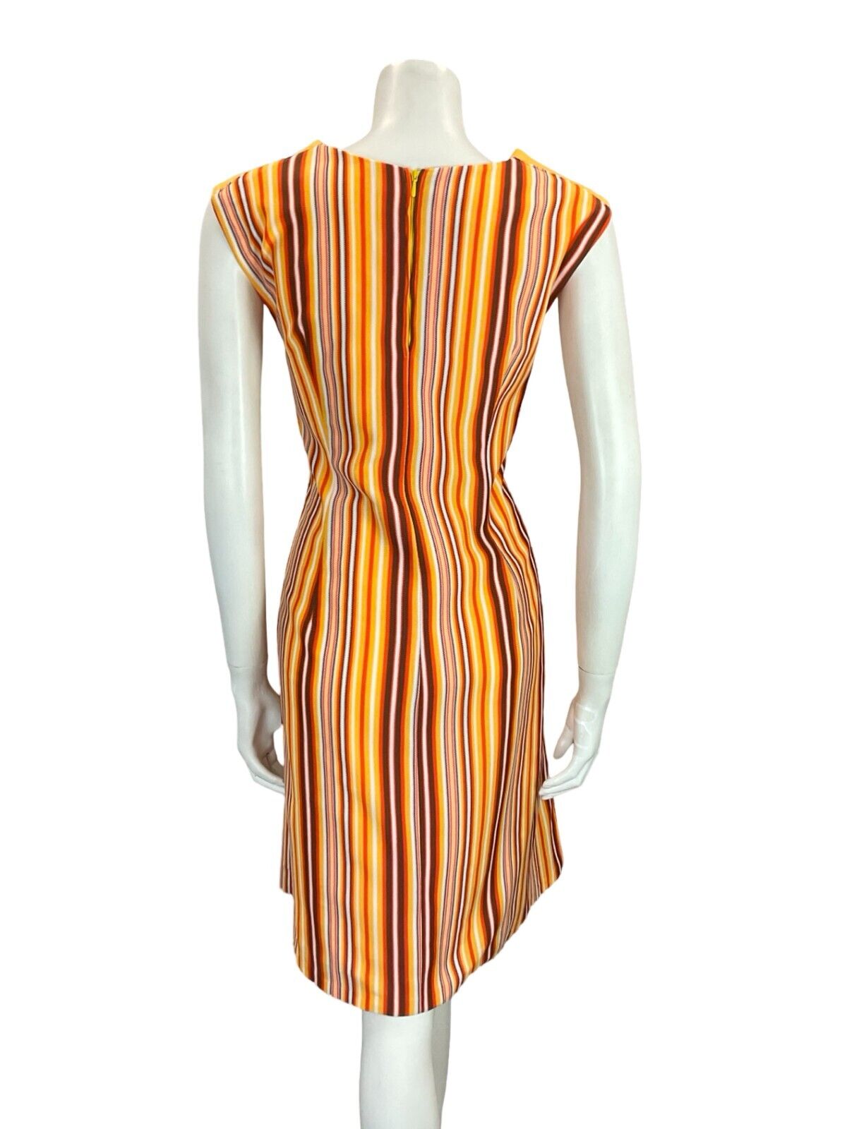VTG 60S MOD GOGO YELLOW ORANGE BROWN WHITE SWEETHEART STRIPED SHIFT DRESS 14 16