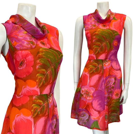 VTG 60S MOD GOGO PINK RED PURPLE GREEN FLORAL MESH CIRCLE MIDI DRESS 12 14 M