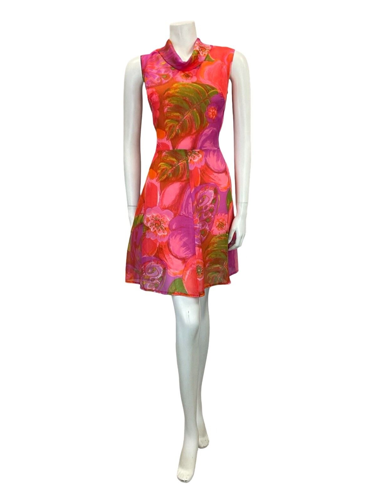 VTG 60S MOD GOGO PINK RED PURPLE GREEN FLORAL MESH CIRCLE MIDI DRESS 12 14 M