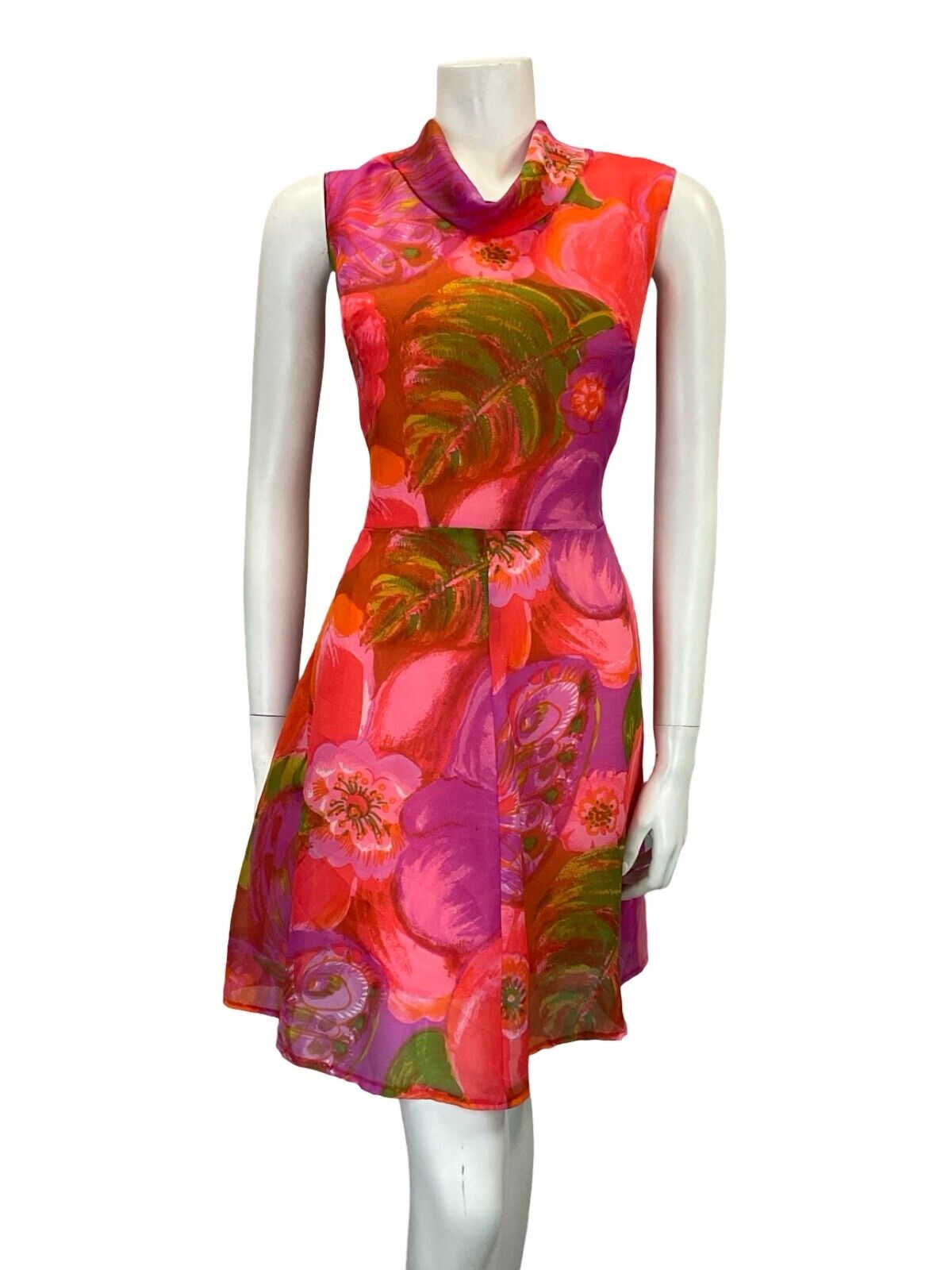 VTG 60S MOD GOGO PINK RED PURPLE GREEN FLORAL MESH CIRCLE MIDI DRESS 12 14 M