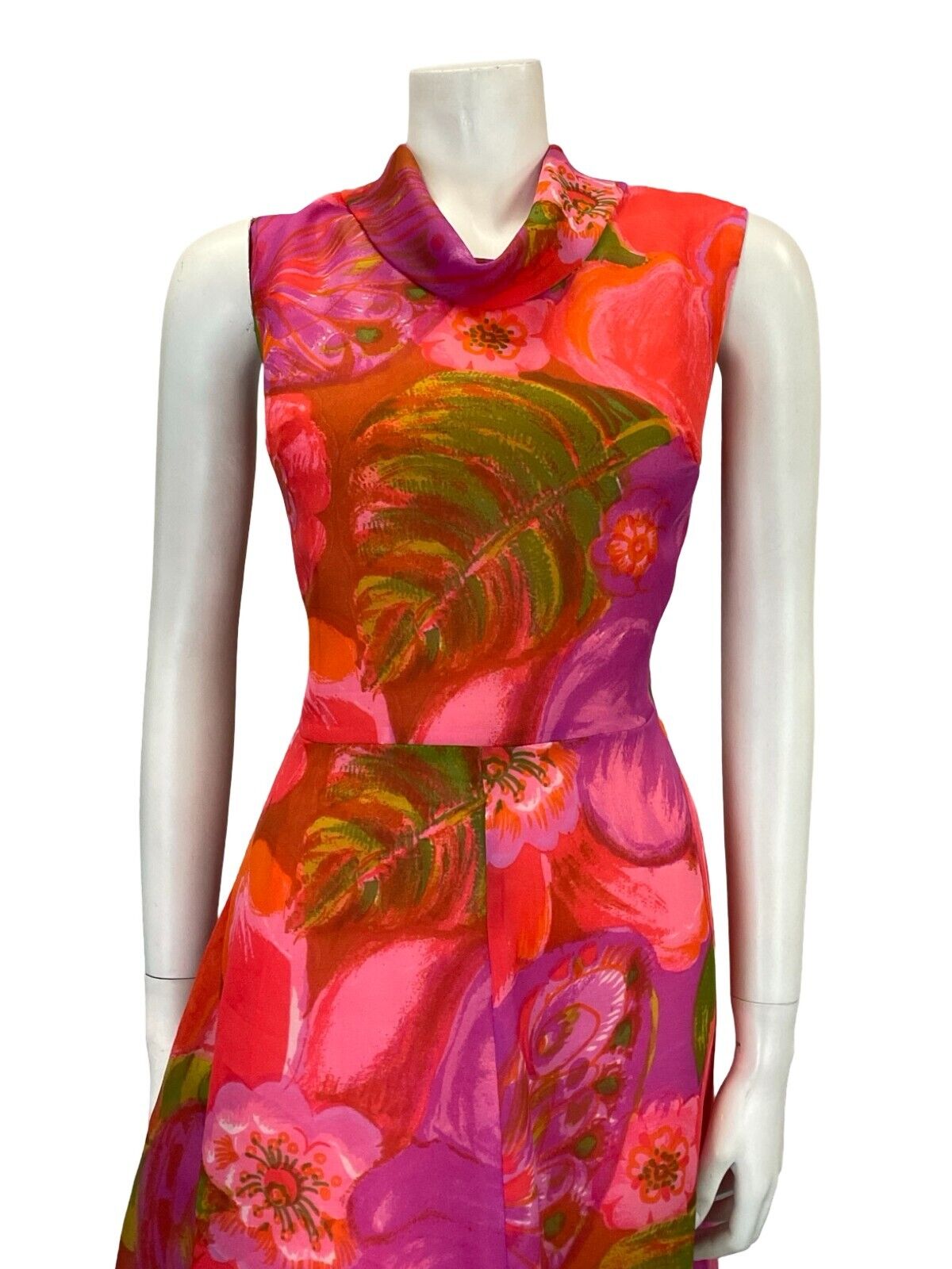 VTG 60S MOD GOGO PINK RED PURPLE GREEN FLORAL MESH CIRCLE MIDI DRESS 12 14 M