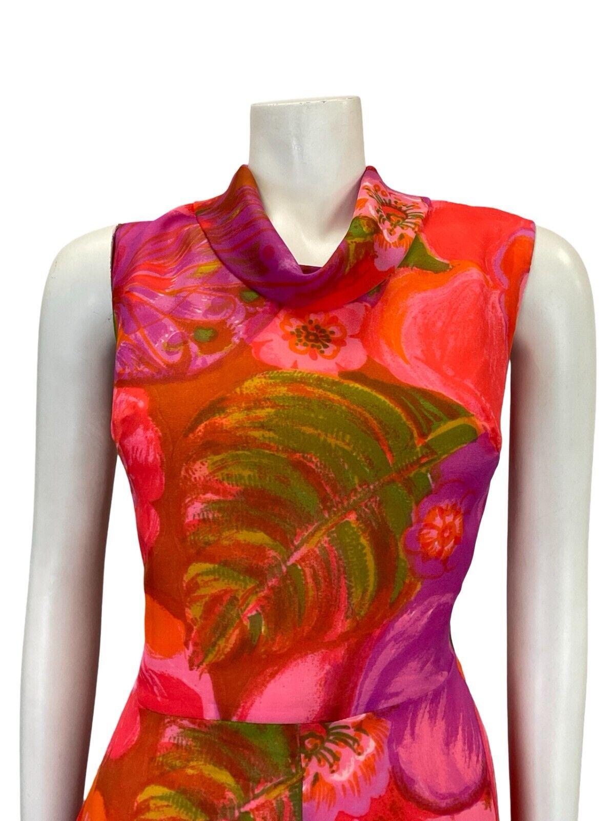 VTG 60S MOD GOGO PINK RED PURPLE GREEN FLORAL MESH CIRCLE MIDI DRESS 12 14 M
