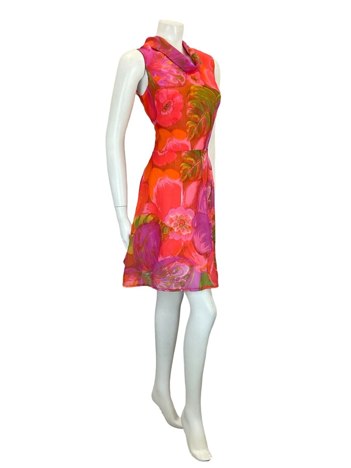 VTG 60S MOD GOGO PINK RED PURPLE GREEN FLORAL MESH CIRCLE MIDI DRESS 12 14 M