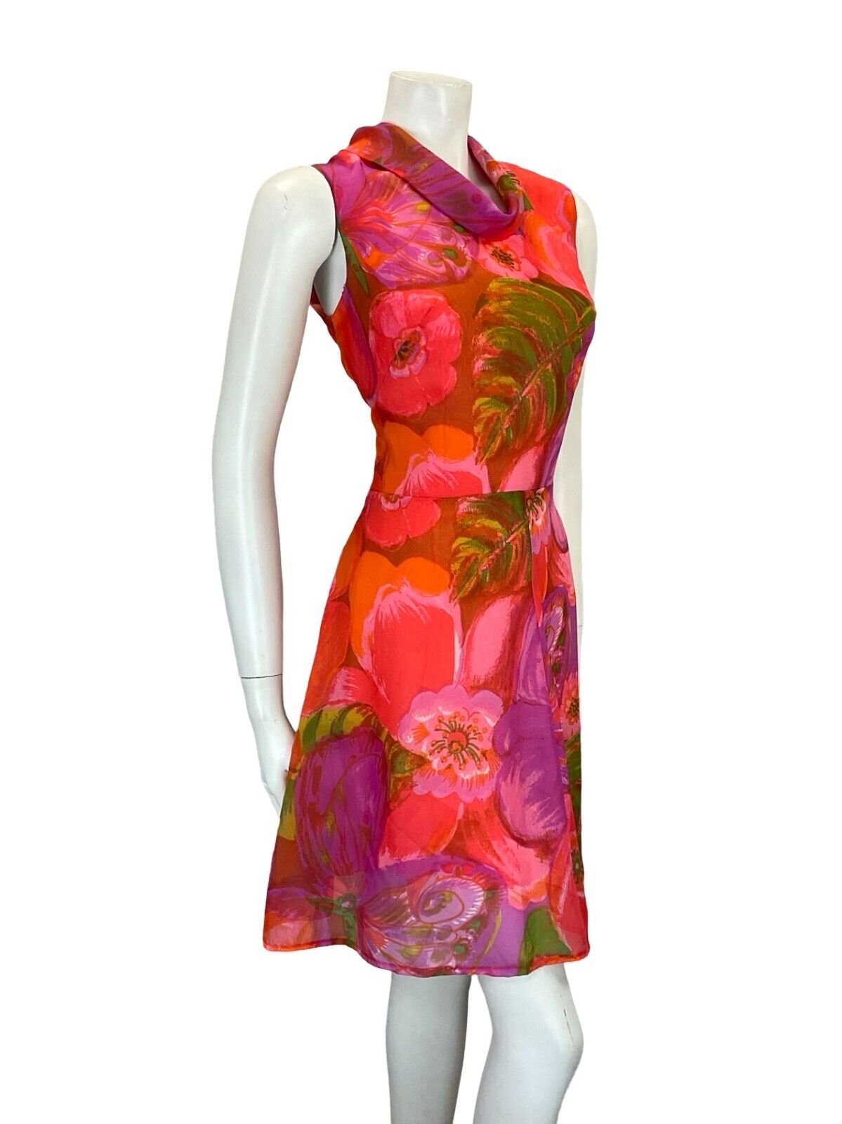 VTG 60S MOD GOGO PINK RED PURPLE GREEN FLORAL MESH CIRCLE MIDI DRESS 12 14 M