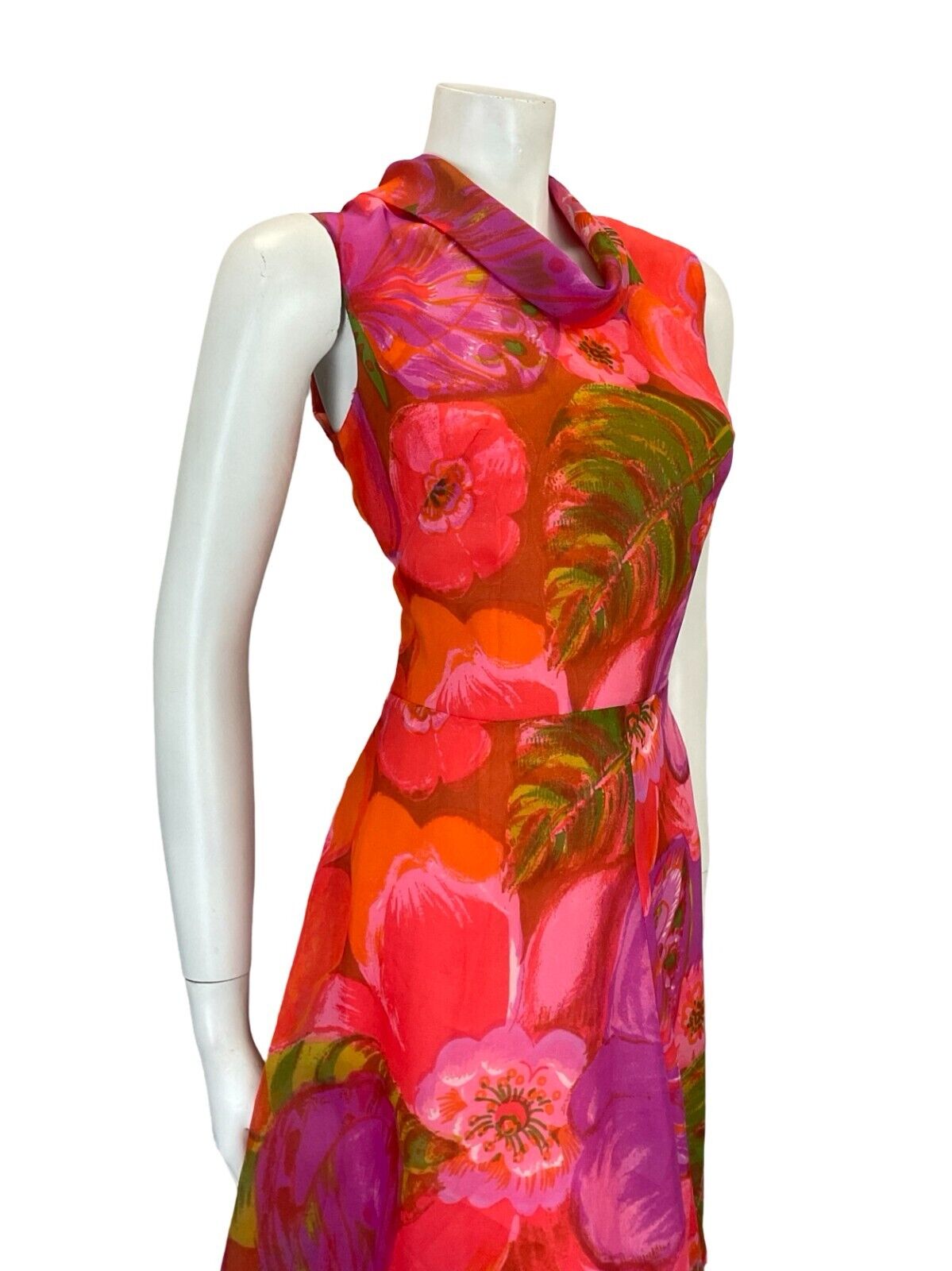 VTG 60S MOD GOGO PINK RED PURPLE GREEN FLORAL MESH CIRCLE MIDI DRESS 12 14 M