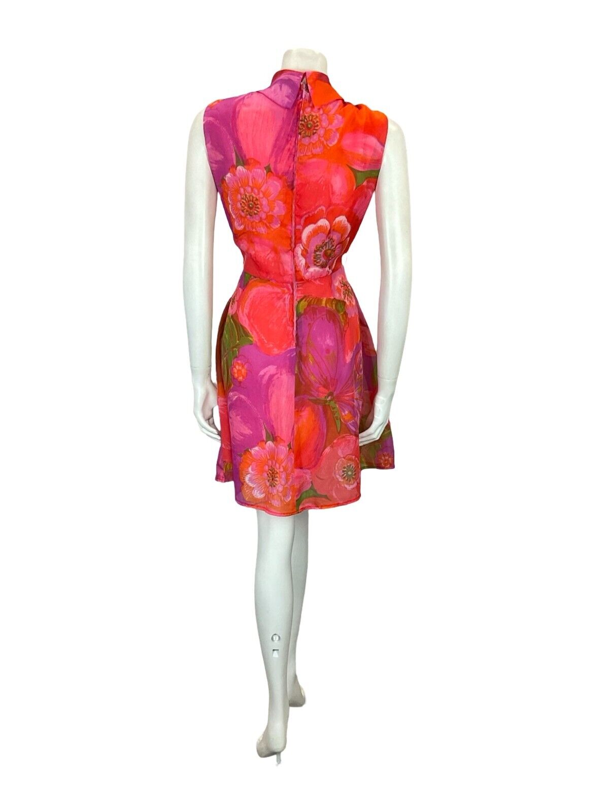 VTG 60S MOD GOGO PINK RED PURPLE GREEN FLORAL MESH CIRCLE MIDI DRESS 12 14 M