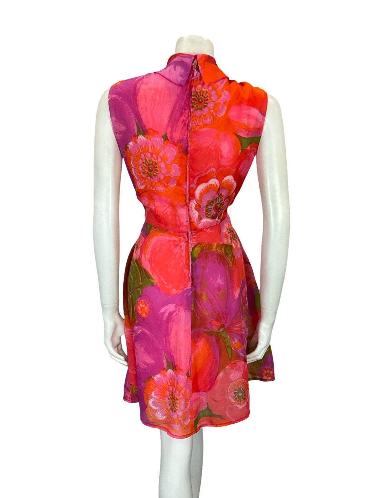 VTG 60S MOD GOGO PINK RED PURPLE GREEN FLORAL MESH CIRCLE MIDI DRESS 12 14 M