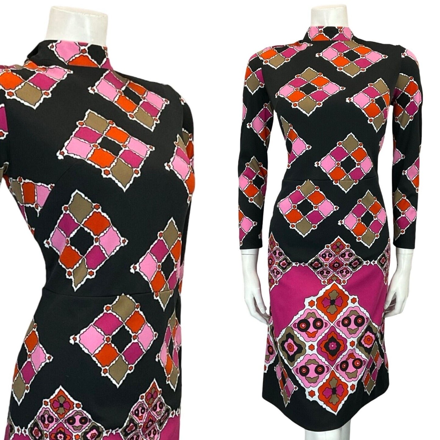 VTG 60S MOD GOGO BLACK PINK RED PSYCHEDELIC TILED GEOMETRIC SHIFT DRESS 10