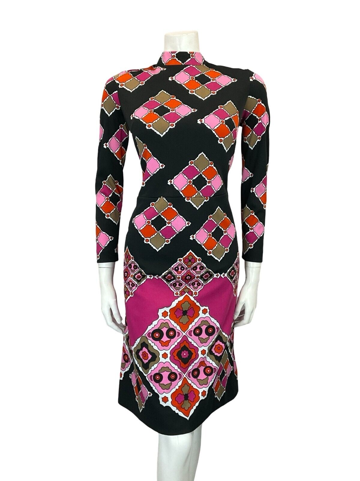 VTG 60S MOD GOGO BLACK PINK RED PSYCHEDELIC TILED GEOMETRIC SHIFT DRESS 10