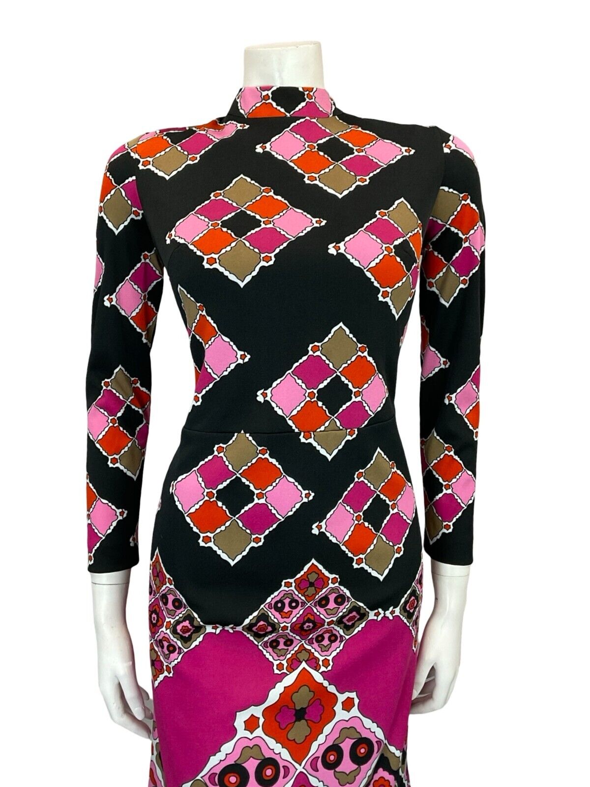 VTG 60S MOD GOGO BLACK PINK RED PSYCHEDELIC TILED GEOMETRIC SHIFT DRESS 10